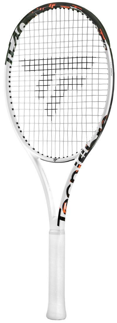 White Tecnifibre TF40 305 18x20 tennis racquet with orange and dark green accents.