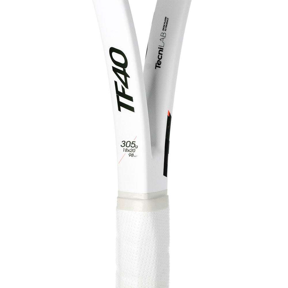 White Tecnifibre TF40 305 tennis racquet handle and throat with black text and red accents.
