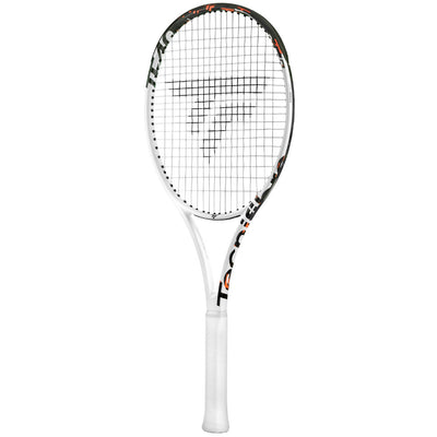 White Tecnifibre TF40 305 tennis racquet with orange and black accents, 18x20 string pattern.