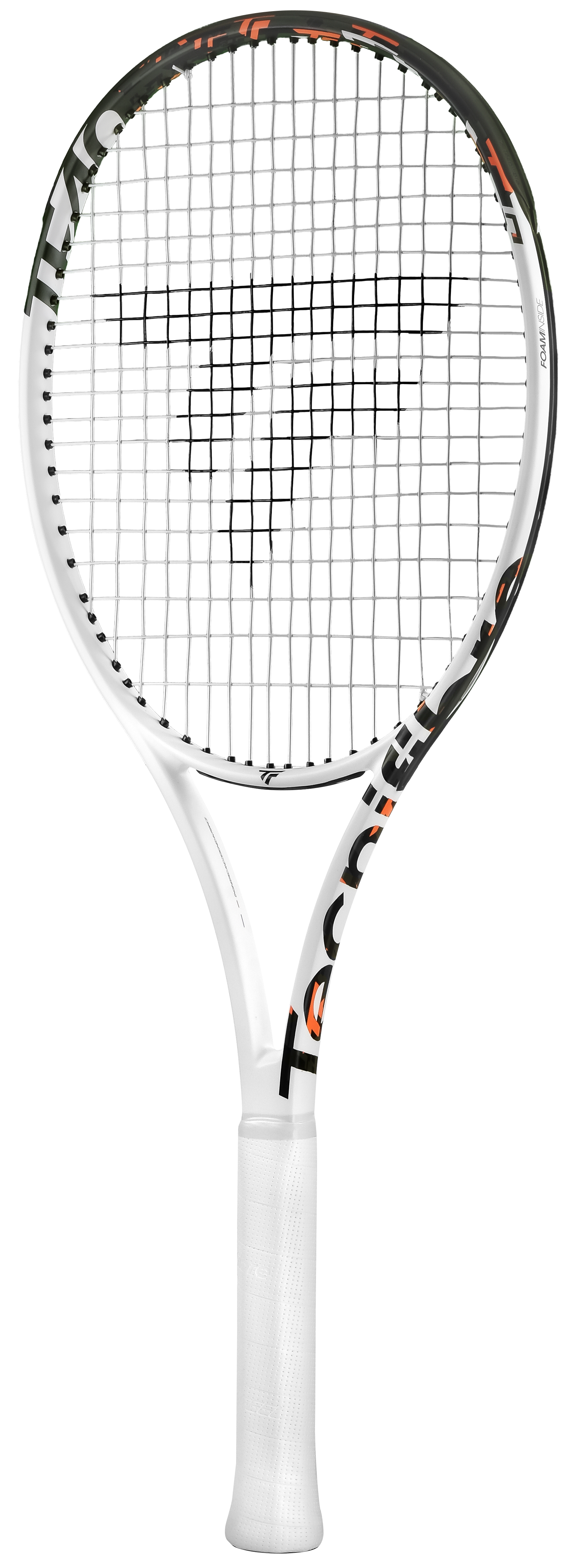 White Tecnifibre TF40 305 18x20 tennis racquet with orange and black accents, white grip.