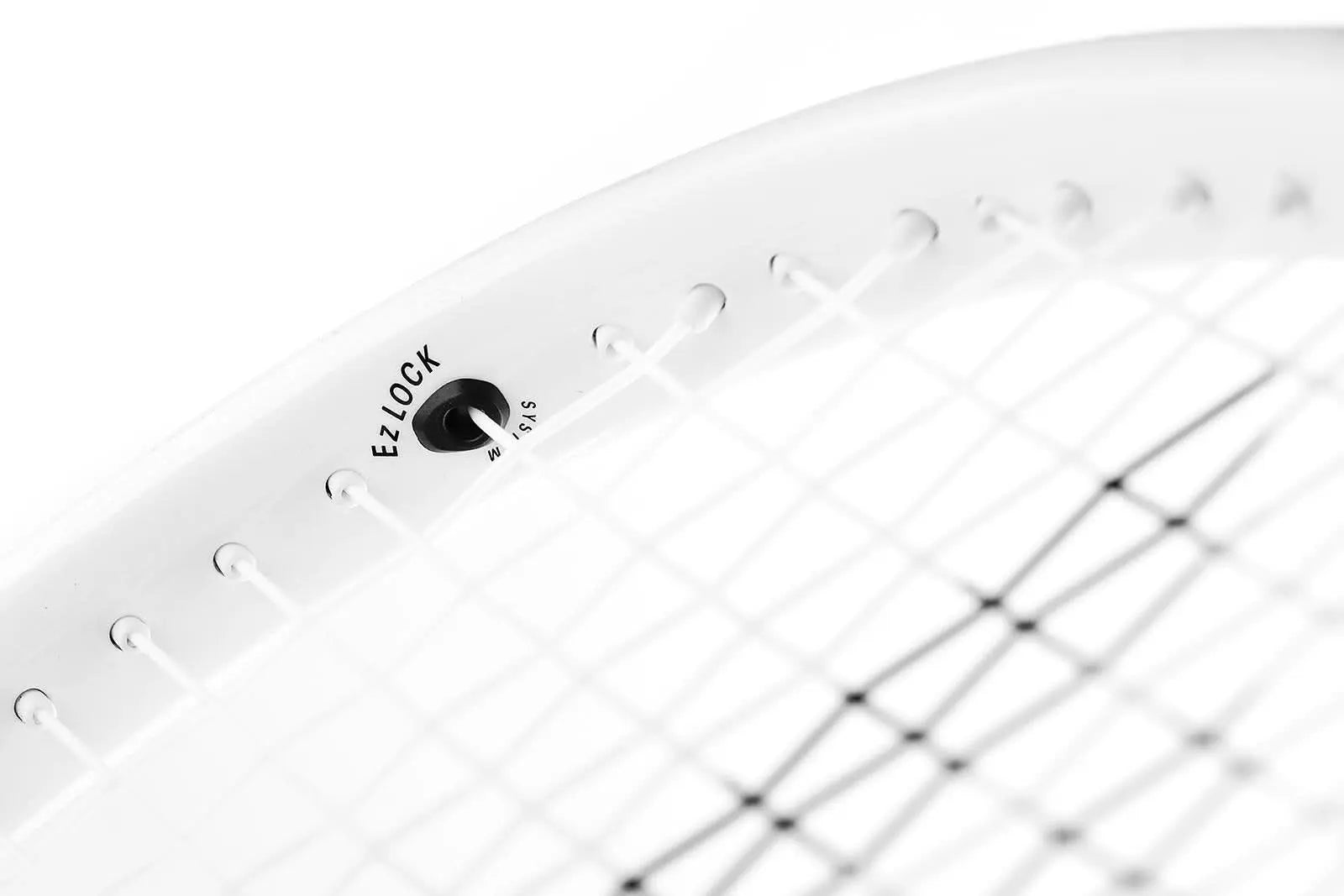Close-up of a white Tecnifibre TFight 300S tennis racquet frame with "Ez LOCK SYSTEM" text and white strings.