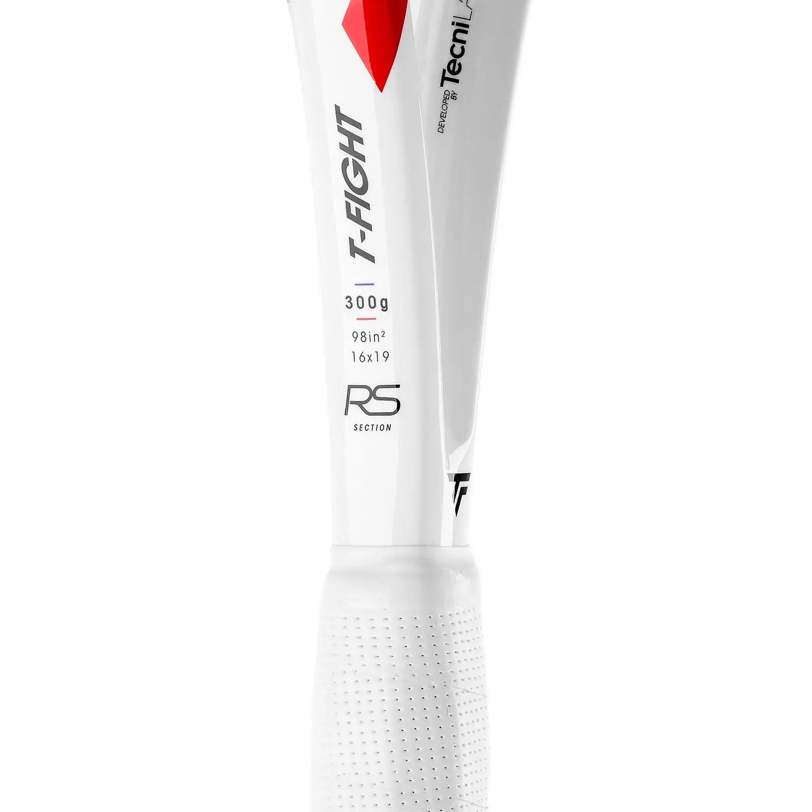 White Tecnifibre TFight 300S tennis racquet handle and throat with red accents and specs.