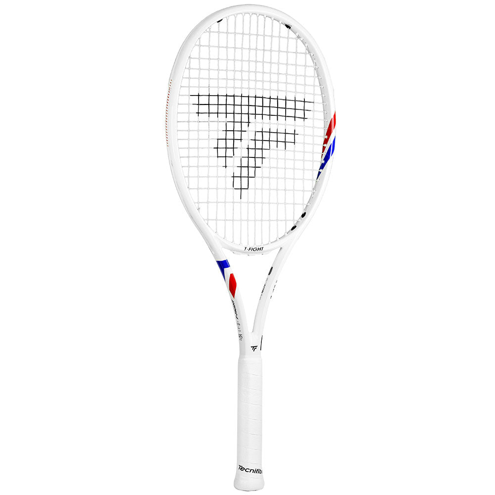 White Tecnifibre TFight 300S tennis racquet with red and blue accents, black logo, and white grip.