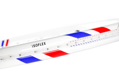 White Tecnifibre TFight 305S tennis racquet frame with red and blue stripes, showing "ISOFLEX" detail.