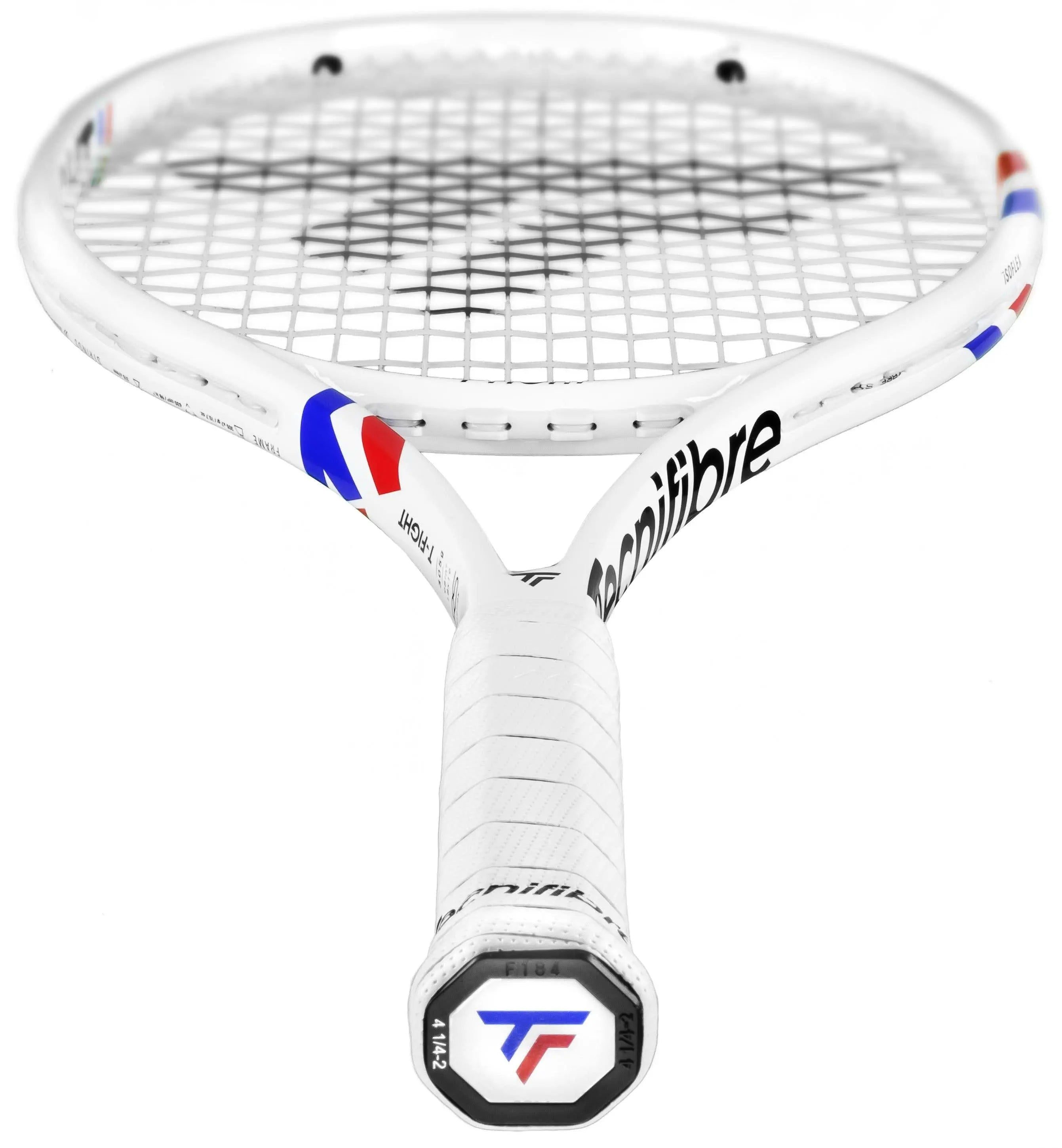 White Tecnifibre TFight 305S tennis racquet with red and blue accents, white grip, and black strings.
