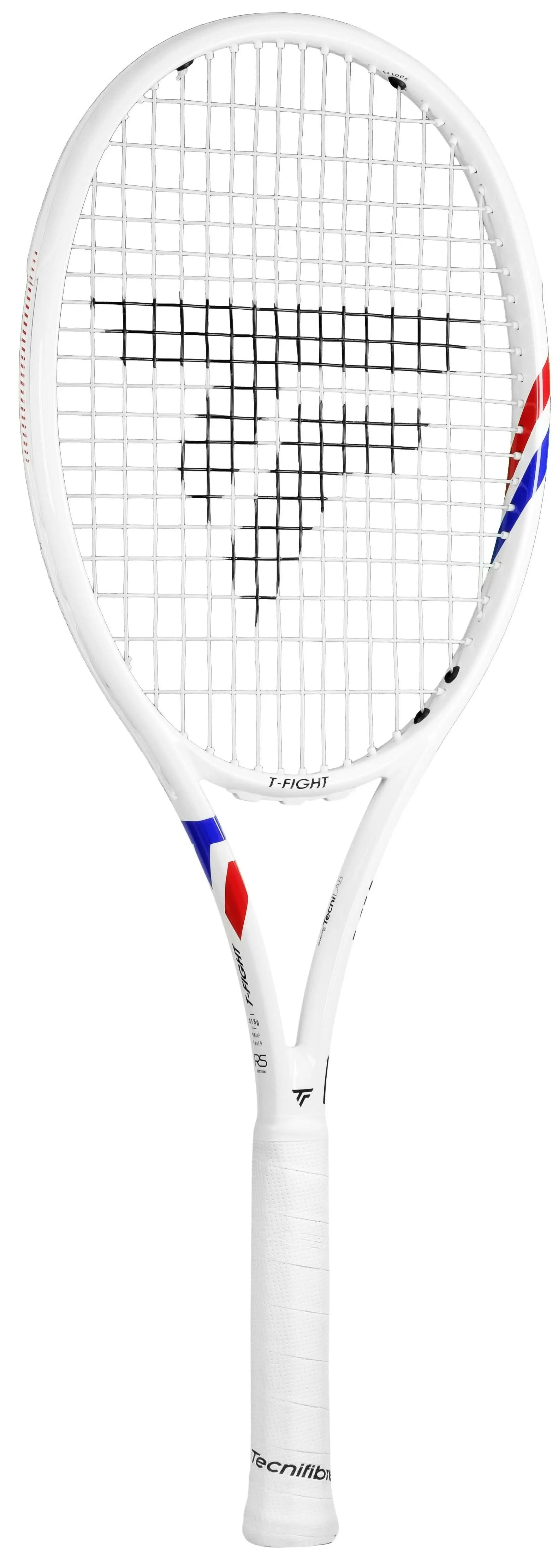 White Tecnifibre TFight 315S tennis racquet with red and blue accents, black strings, and white grip.