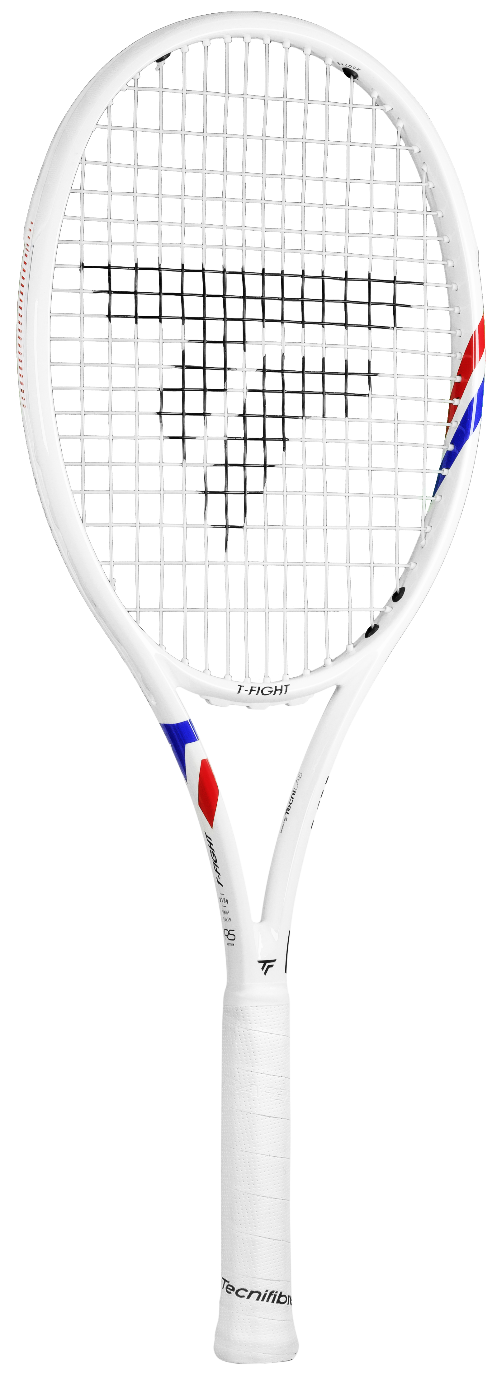 White Tecnifibre TFight 315S tennis racquet with red and blue accents, black strings, and white grip.