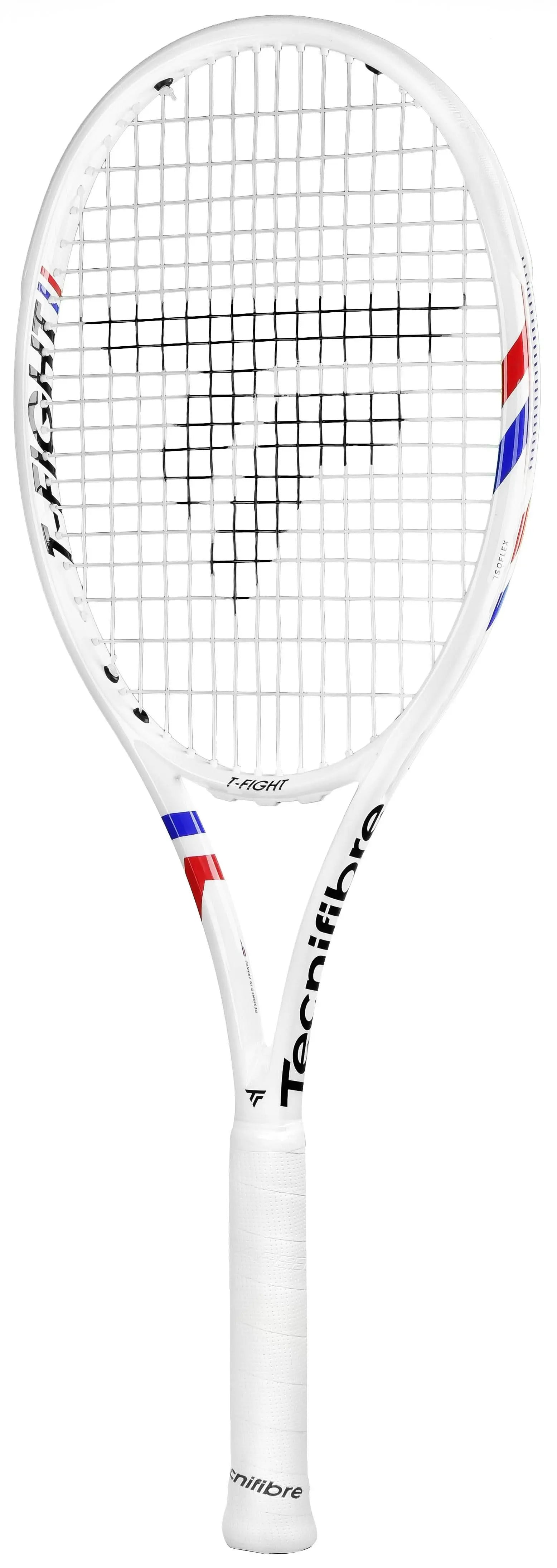 White Tecnifibre TFight 315S tennis racquet with red and blue accents, black strings, and white grip.