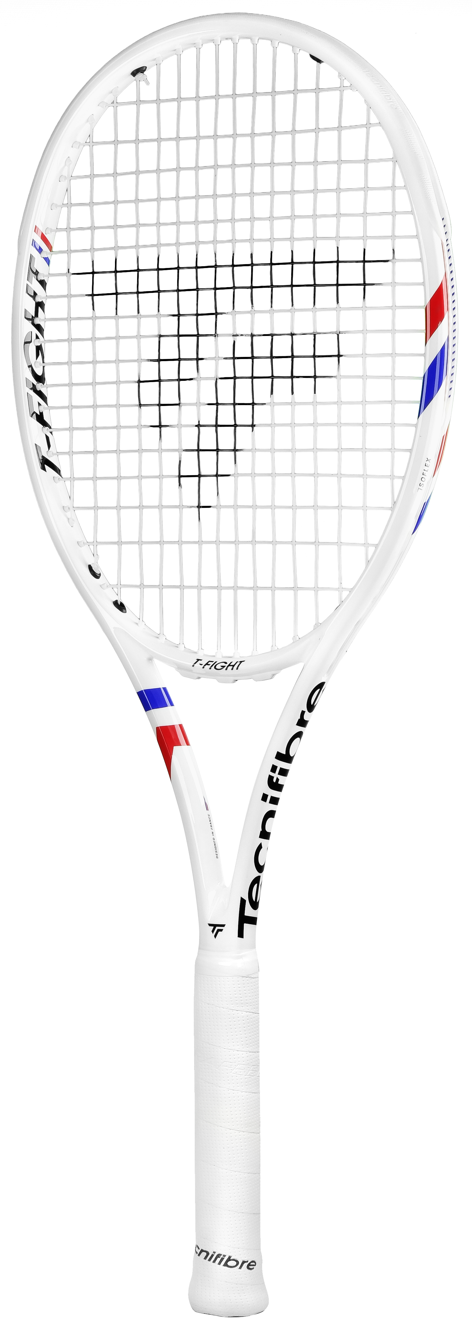 White Tecnifibre TFight 315S tennis racquet with red and blue accents, black strings, and white grip.
