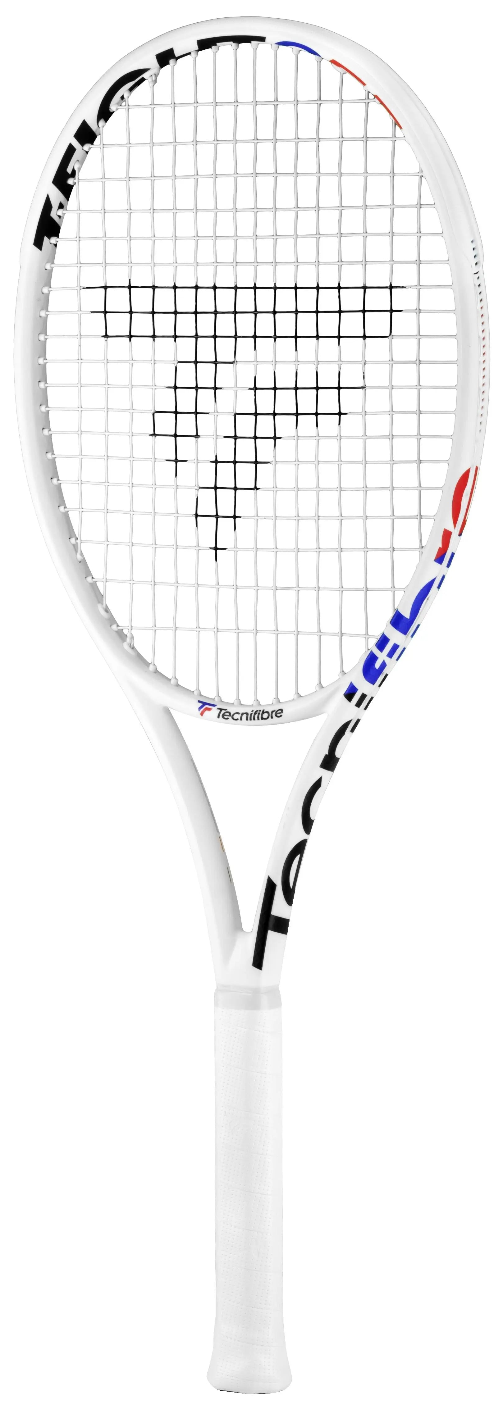 White Tecnifibre TFight Isoflex 255 tennis racquet with red and blue accents, black logo, and white grip.