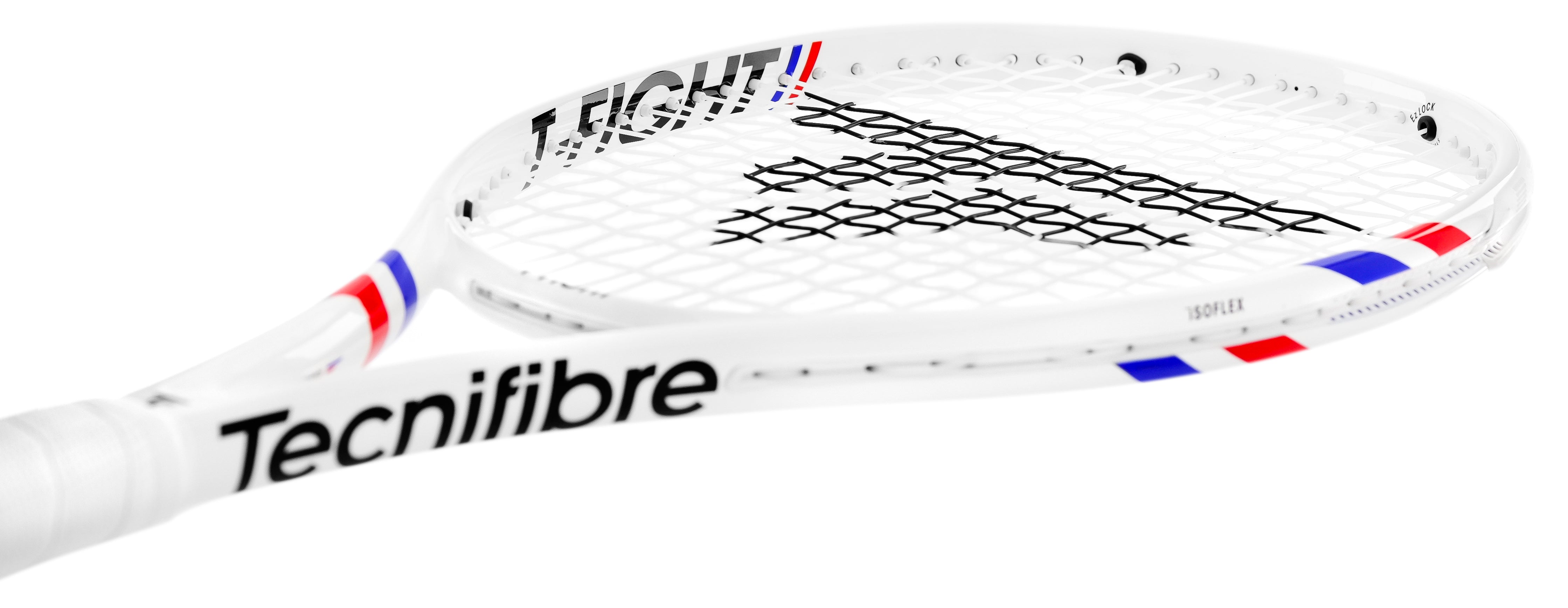 White Tecnifibre TFight Isoflex 255 tennis racquet with black strings and red/blue accents.