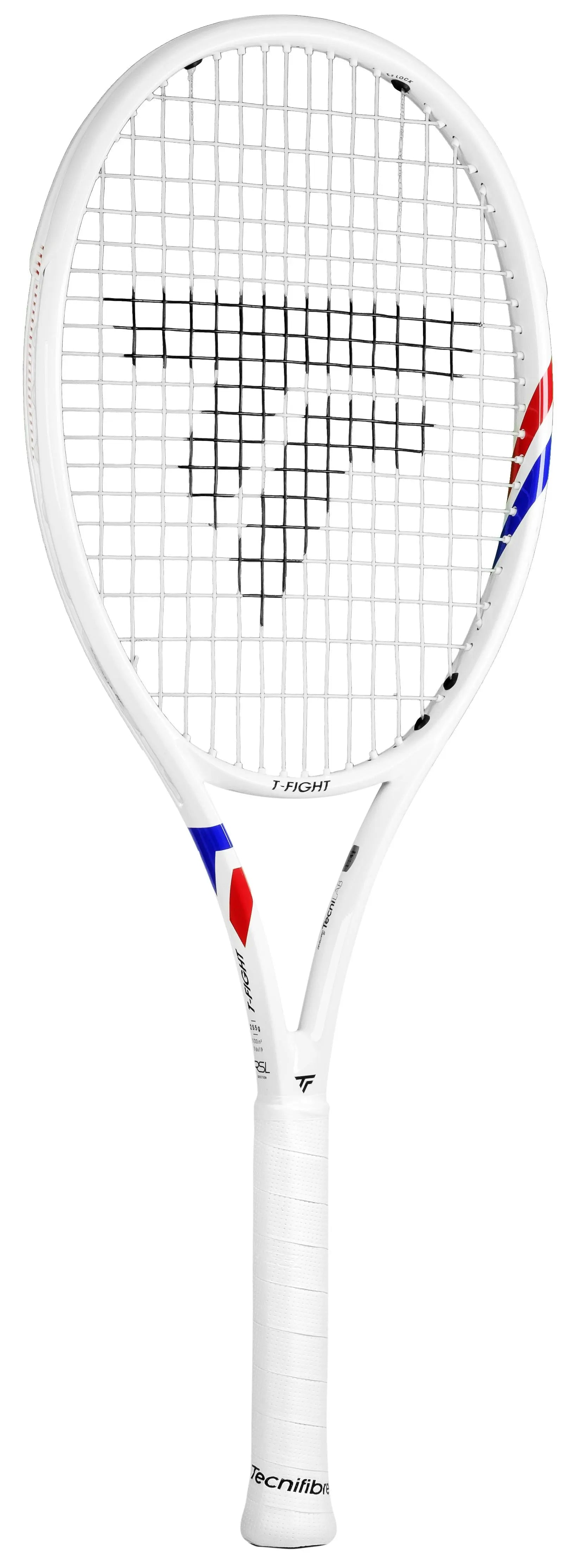 White Tecnifibre TFight Isoflex 255 tennis racquet with red and blue accents, white grip, and black strings.