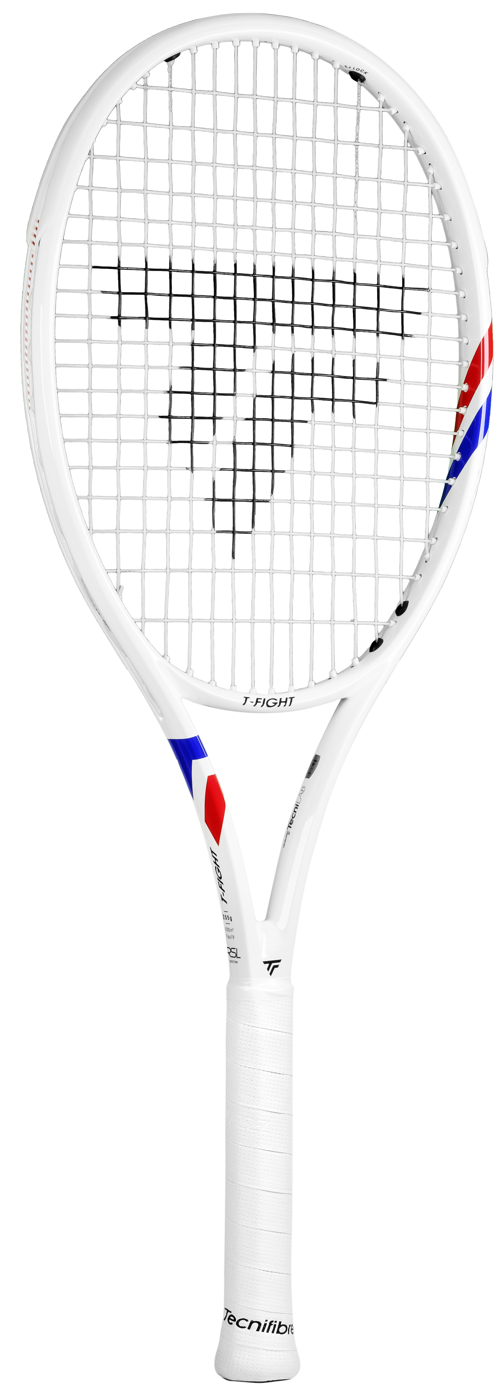 White Tecnifibre TFight Isoflex 255 tennis racquet with red and blue accents, white grip, and black strings.