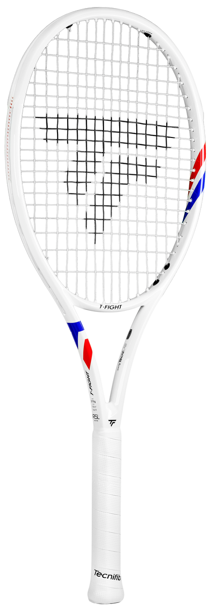 White Tecnifibre TFight Isoflex 270 tennis racquet with red and blue accents, black strings, and white grip.