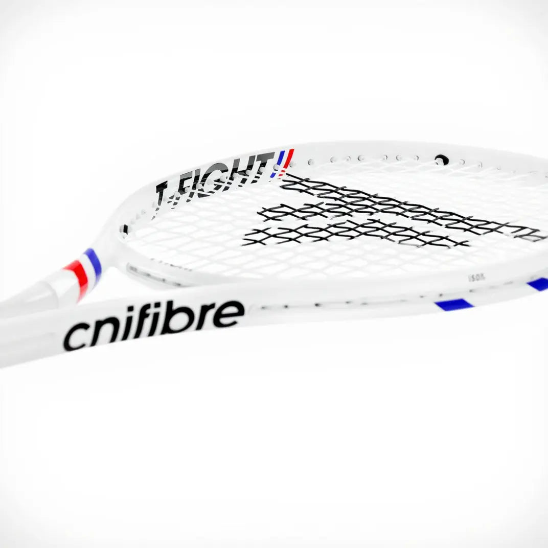 White Tecnifibre TFight Isoflex 285 tennis racquet with black strings and red/blue accents.