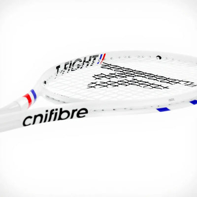 White Tecnifibre TFight Isoflex 285 tennis racquet with black strings and red/blue accents.