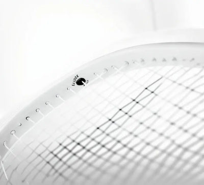 Close-up of a white Tecnifibre TFight Isoflex 285 tennis racquet frame with black strings and "EZ LOCK SYSTEM" detail.