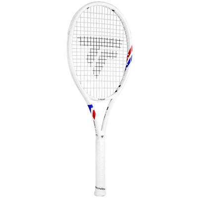 White Tecnifibre TFight Isoflex 285 tennis racquet with red and blue accents.