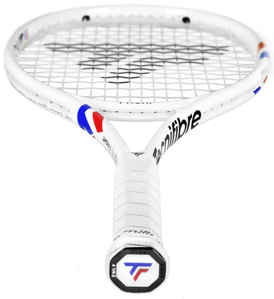 White Tecnifibre TFight Isoflex 300 tennis racquet with red and blue accents on the frame and grip.