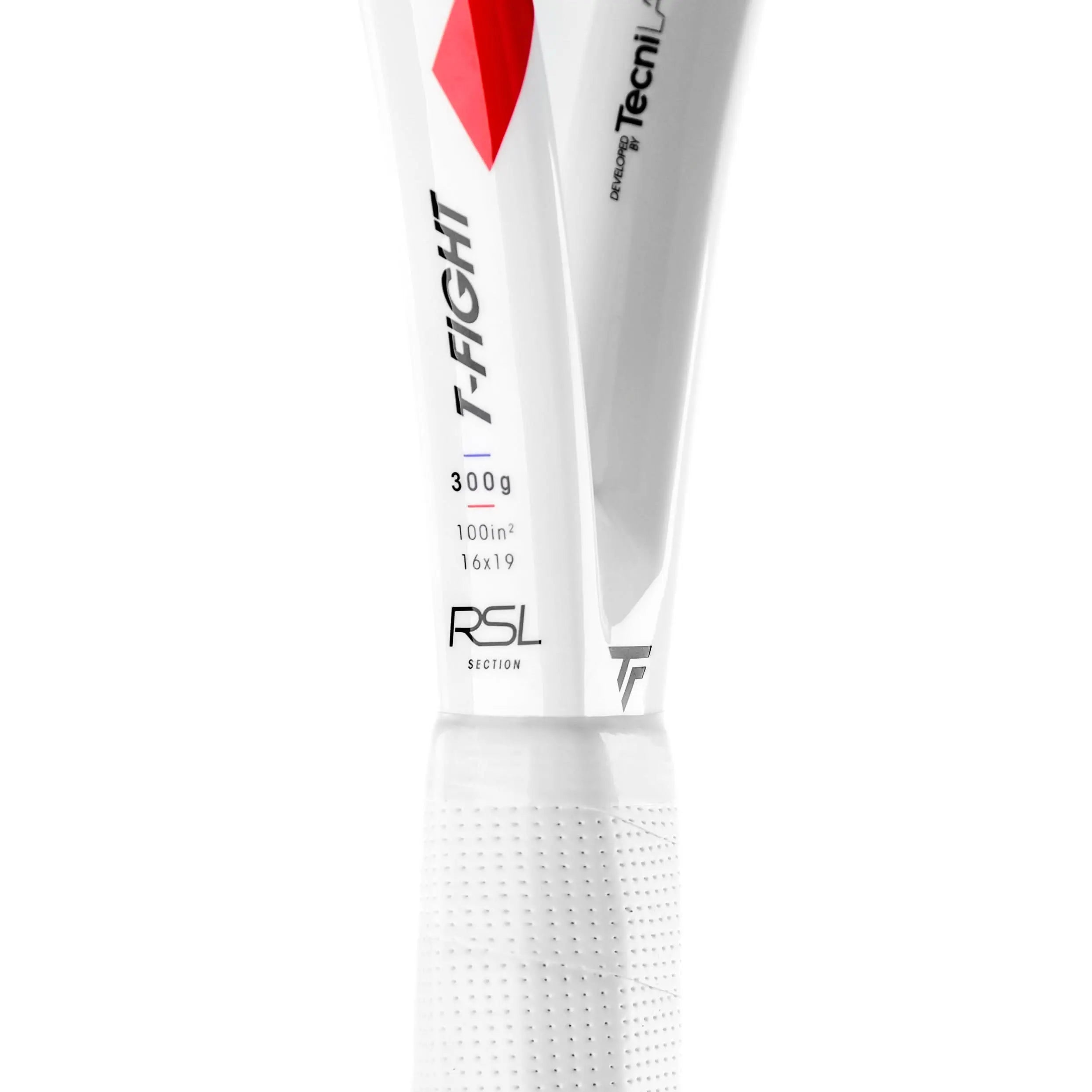 White Tecnifibre TFight Isoflex 300 tennis racquet handle and throat with red accents.
