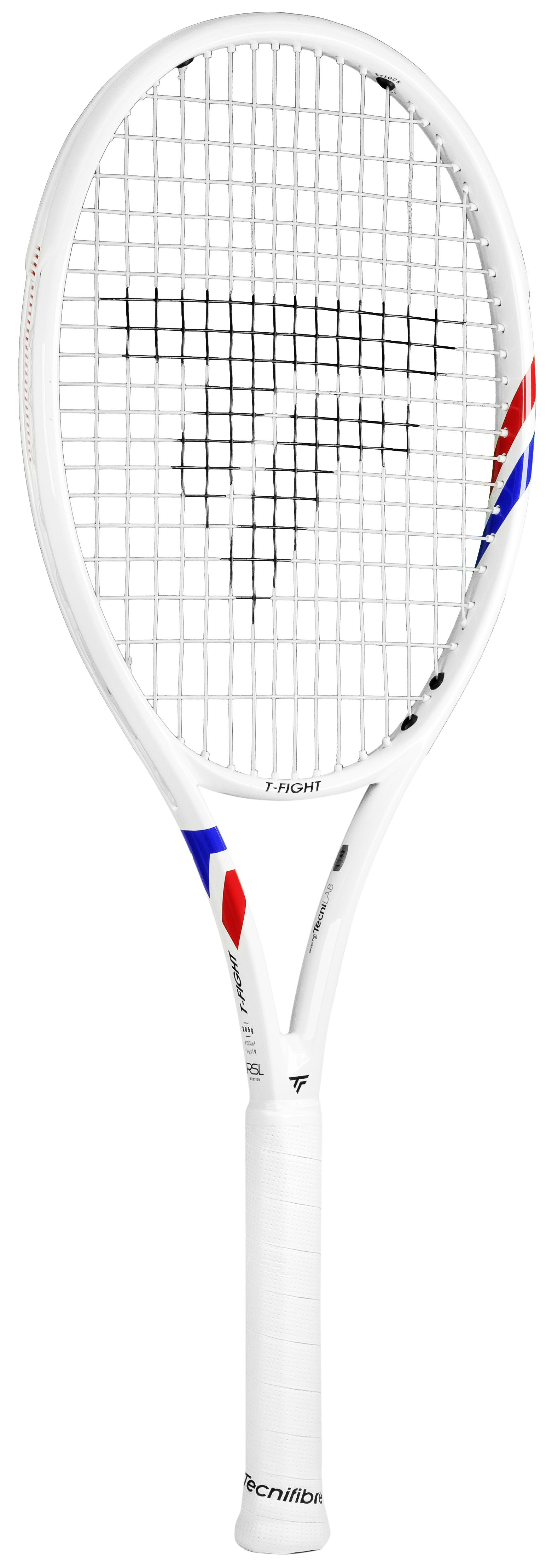 White Tecnifibre TFight Team (285g) tennis racquet with red and blue accents, white grip, and black strings.