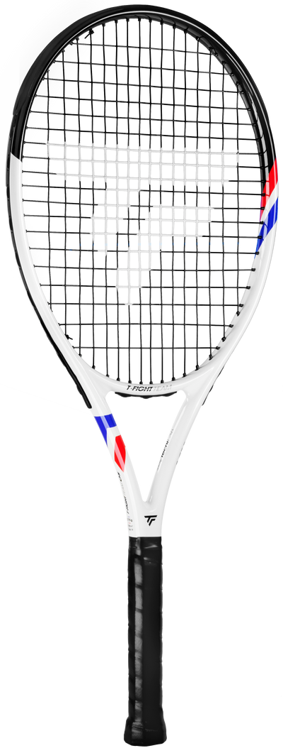 White Tecnifibre TFight Team OS tennis racquet with black grip and red/blue accents.