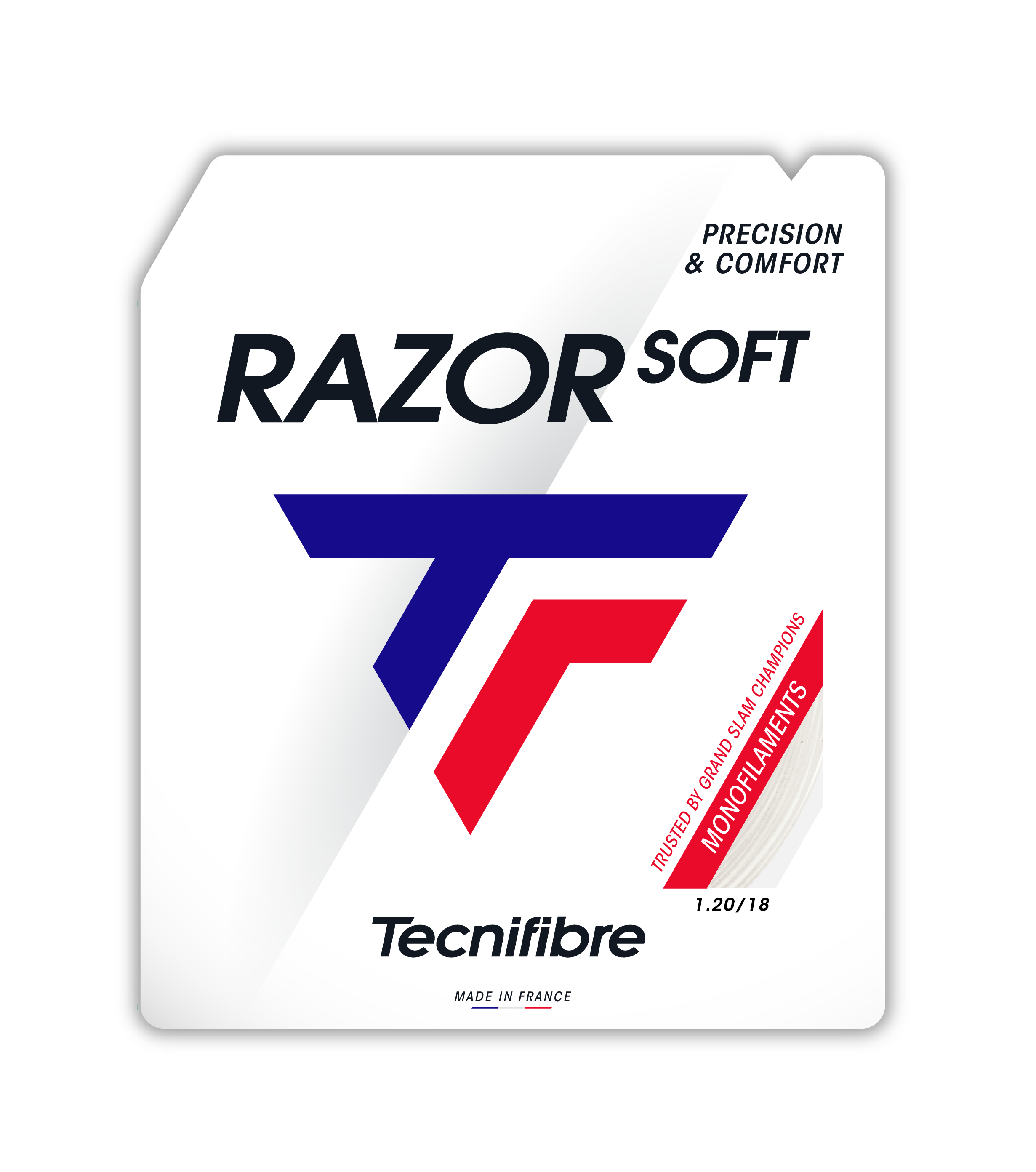 Tecnifibre Razor Soft white polyester tennis string packaging with blue and red logo, 1.20/18 gauge.