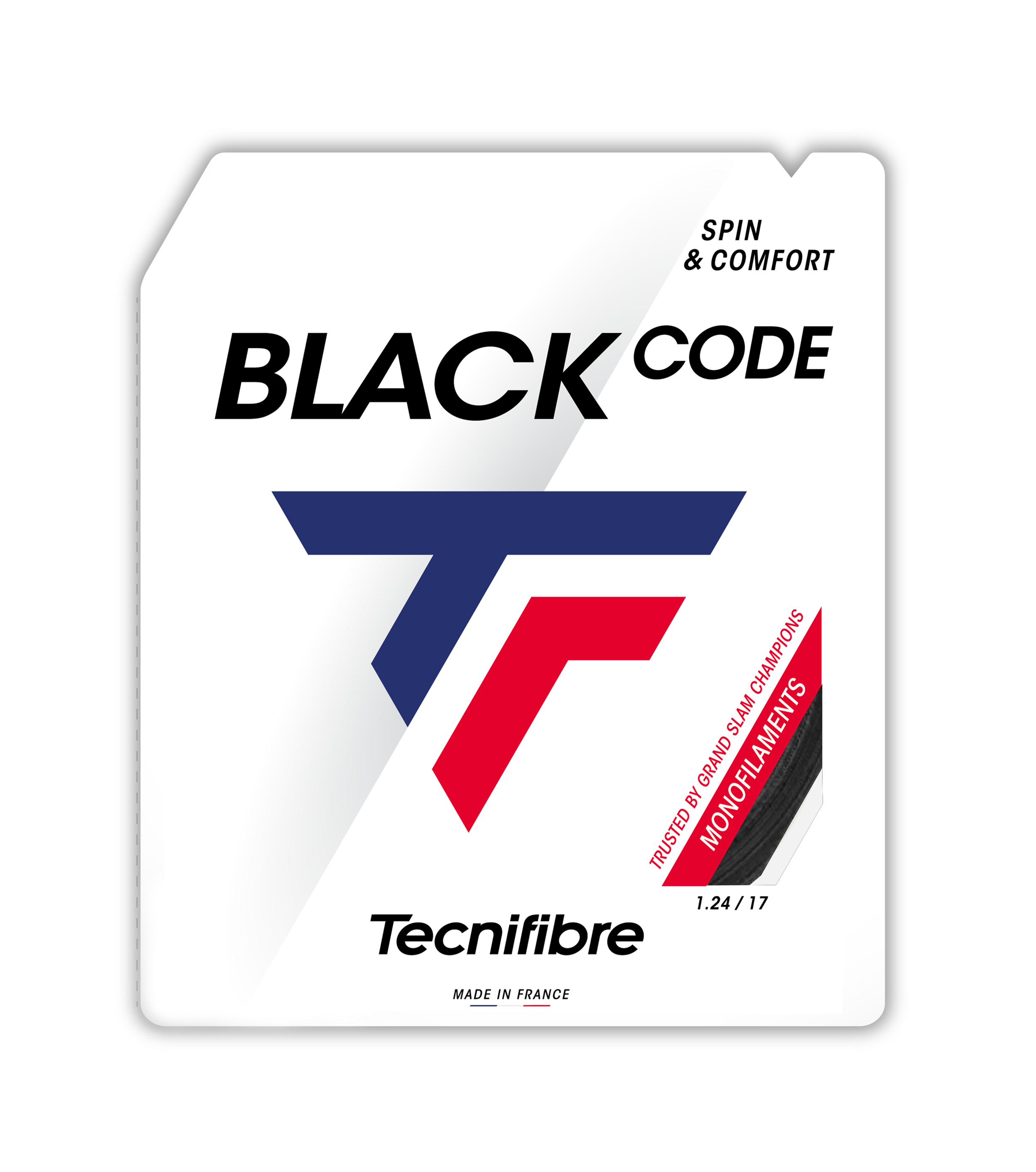 Tecnifibre Blackcode 1.24 polyester tennis string packaging, featuring black string sample and "Spin & Comfort" text.