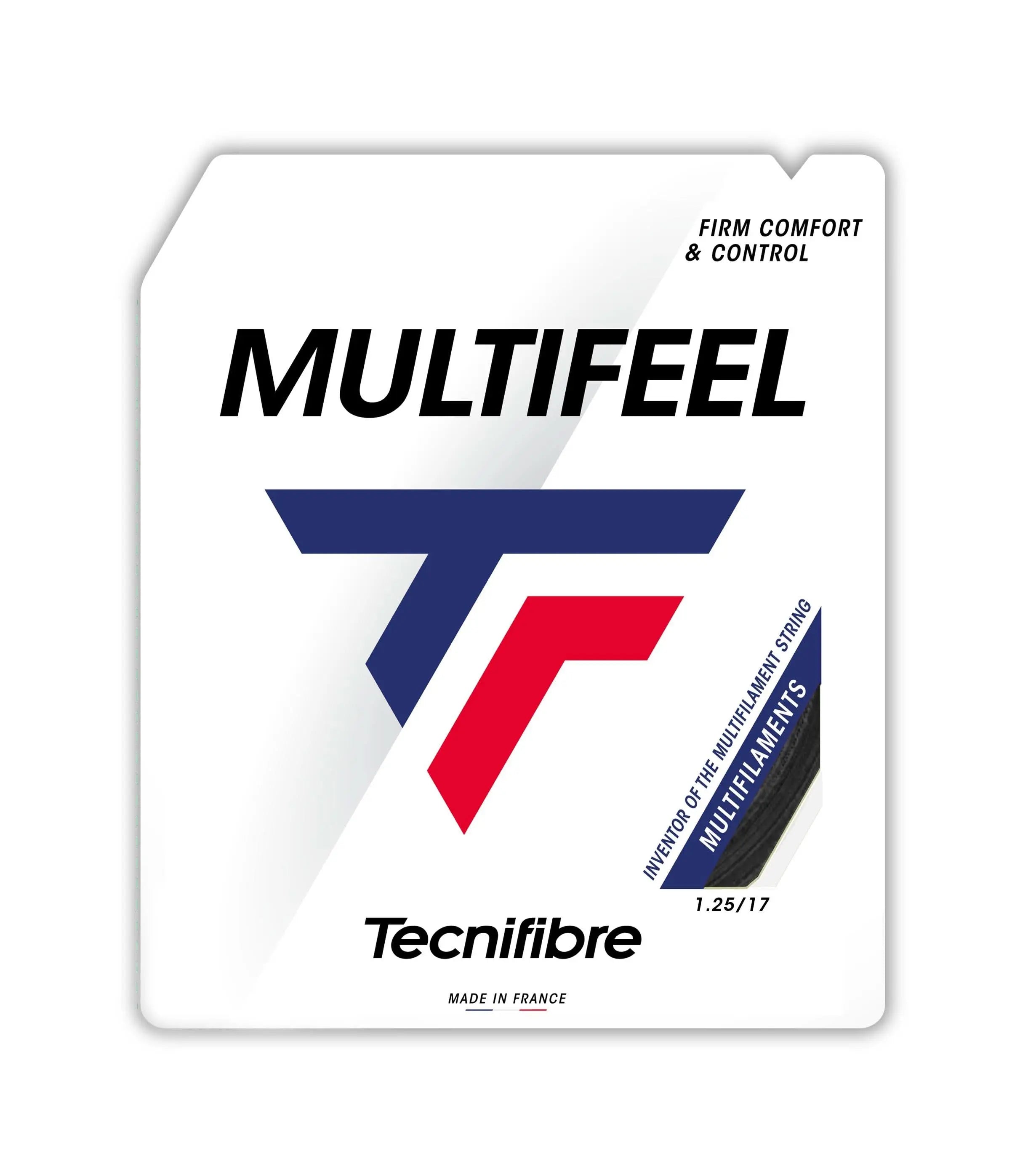 Tecnifibre Multifeel tennis string in black, 1.25 gauge, with a wear indicator and multifilament design.