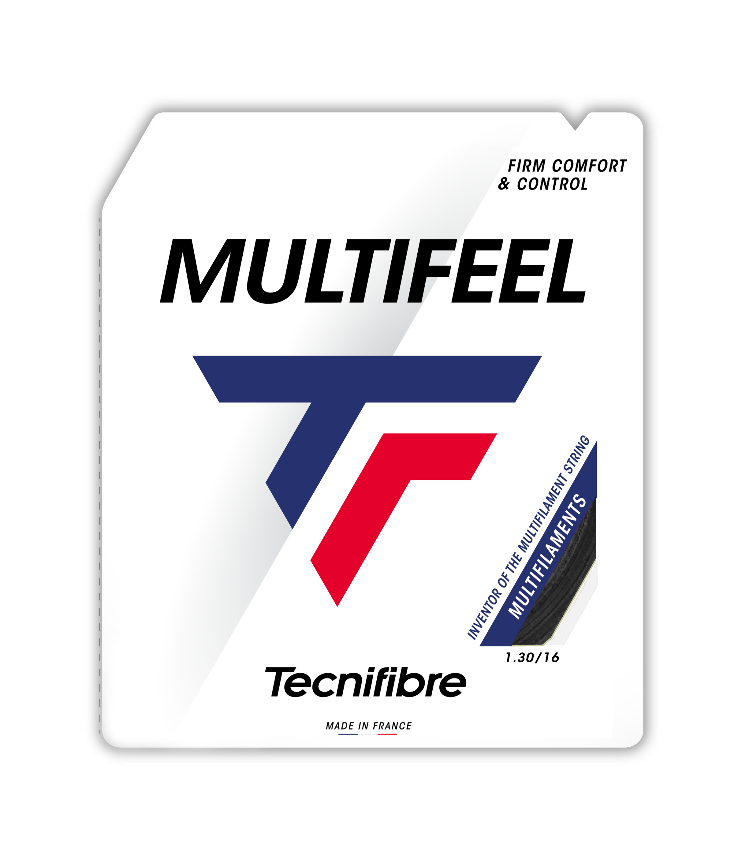 Tecnifibre Multifeel tennis string packaging with black multifilament string, 1.30/16 gauge.