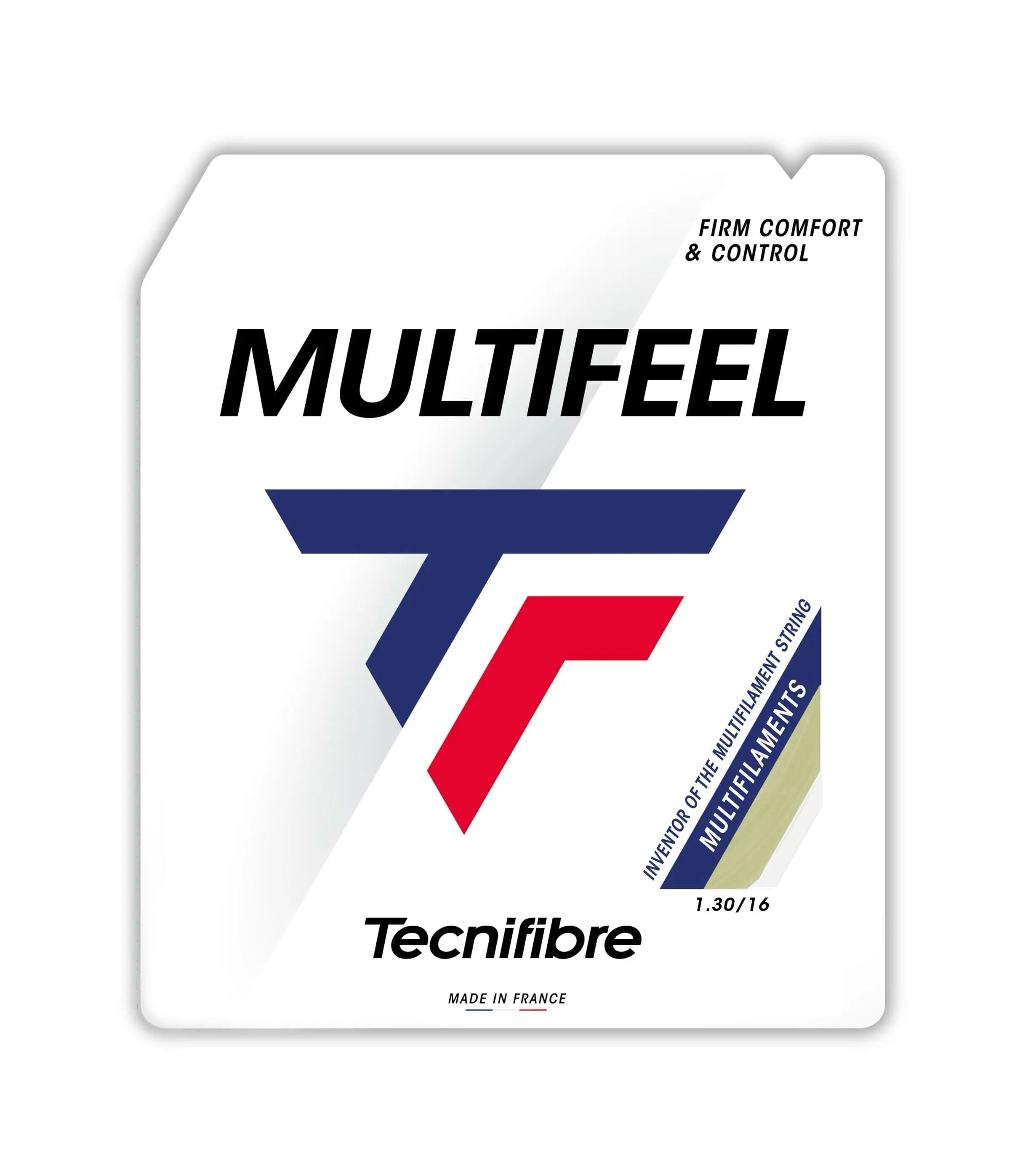 Tecnifibre Multifeel tennis string packaging, white with blue and red logo, showing natural 1.30/16 multifilament string.