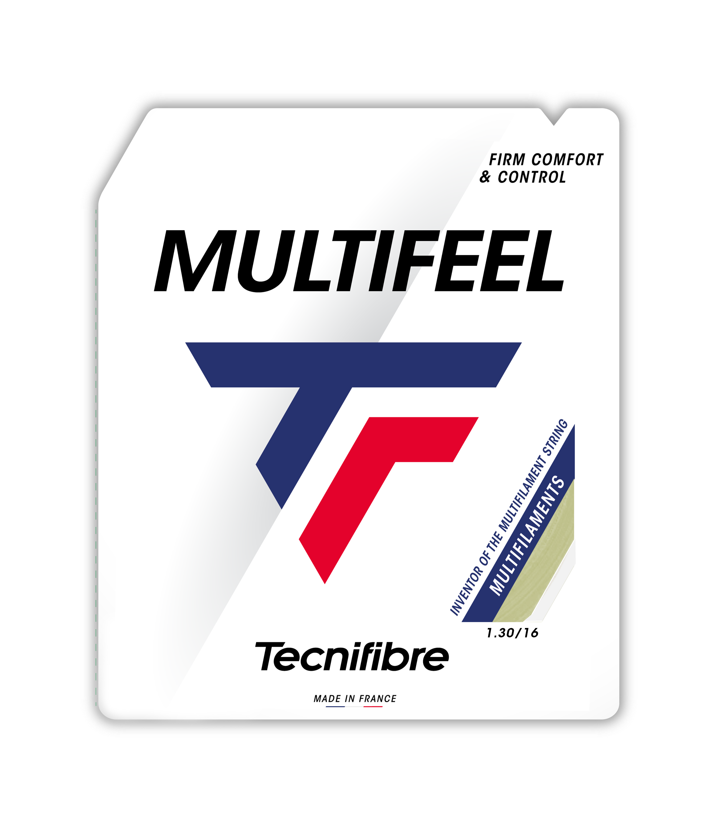 Tecnifibre Multifeel tennis string packaging, white with blue and red logo, showing natural 1.30/16 multifilament string.
