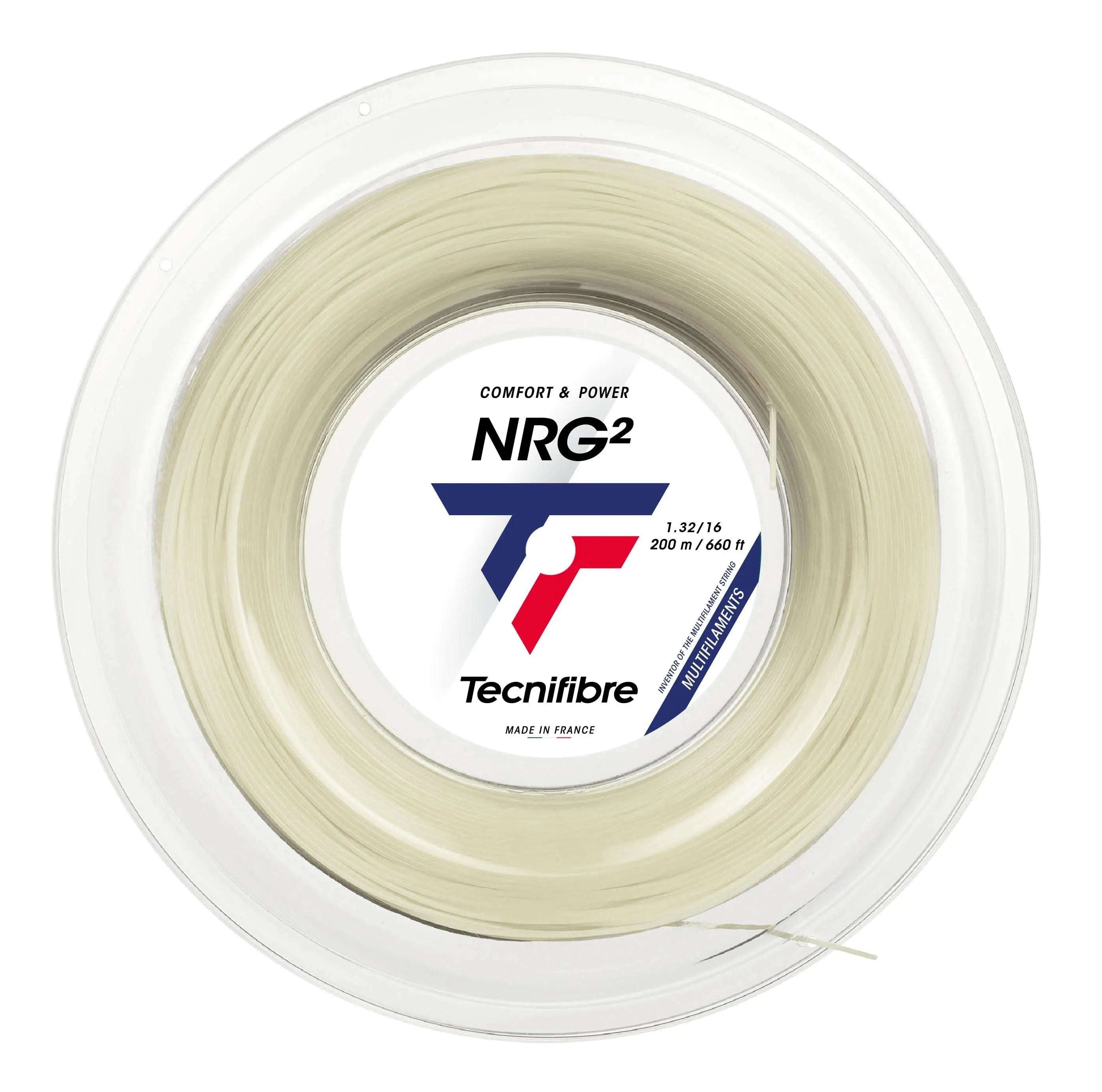 Tecnifibre NRG2 natural multifilament tennis string reel, 1.32mm, for comfort and power.