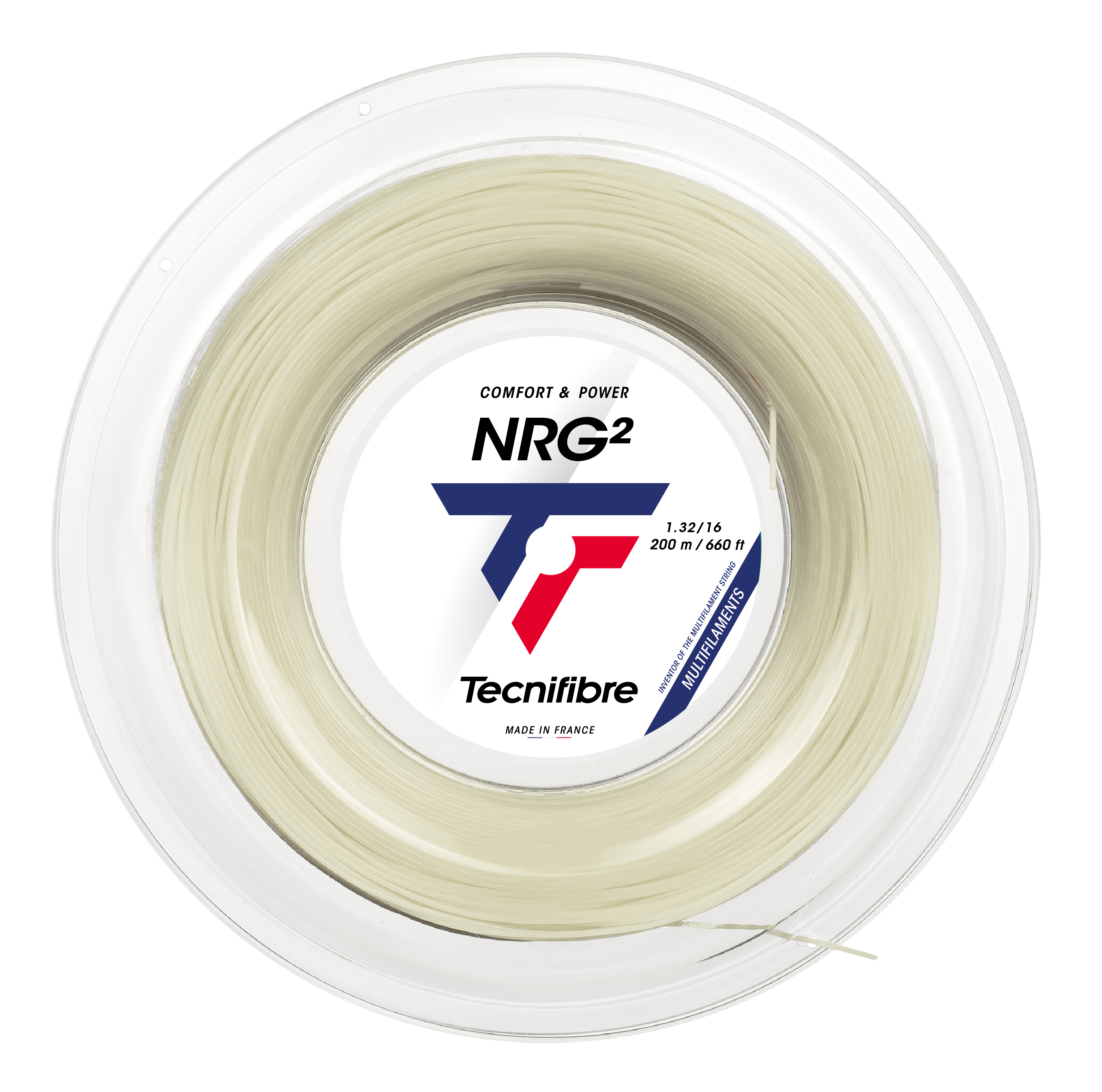 Tecnifibre NRG2 natural multifilament tennis string reel, 1.32mm, for comfort and power.