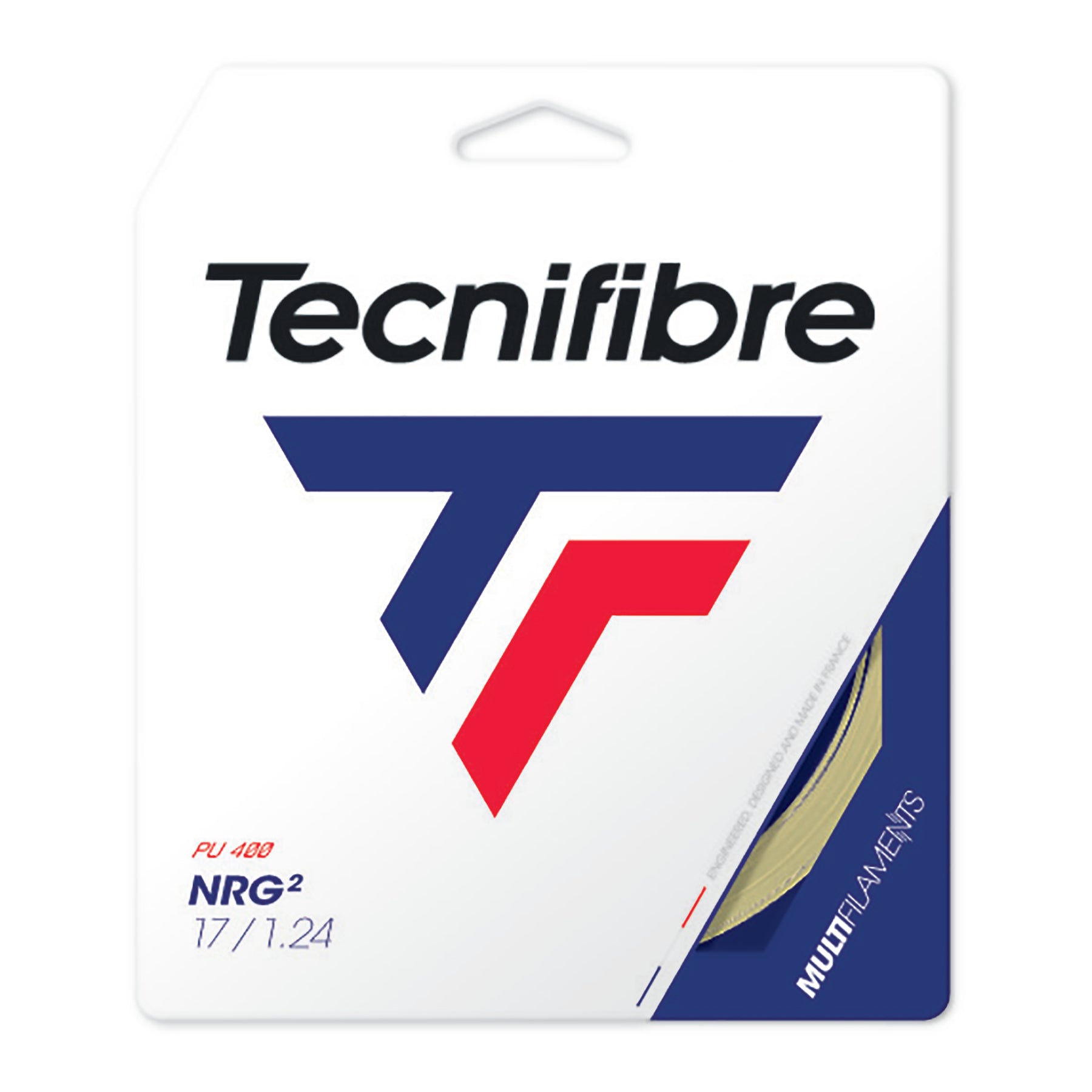 Tecnifibre NRG2 multifilament tennis string in natural, 1.24 gauge, with a visible string sample.