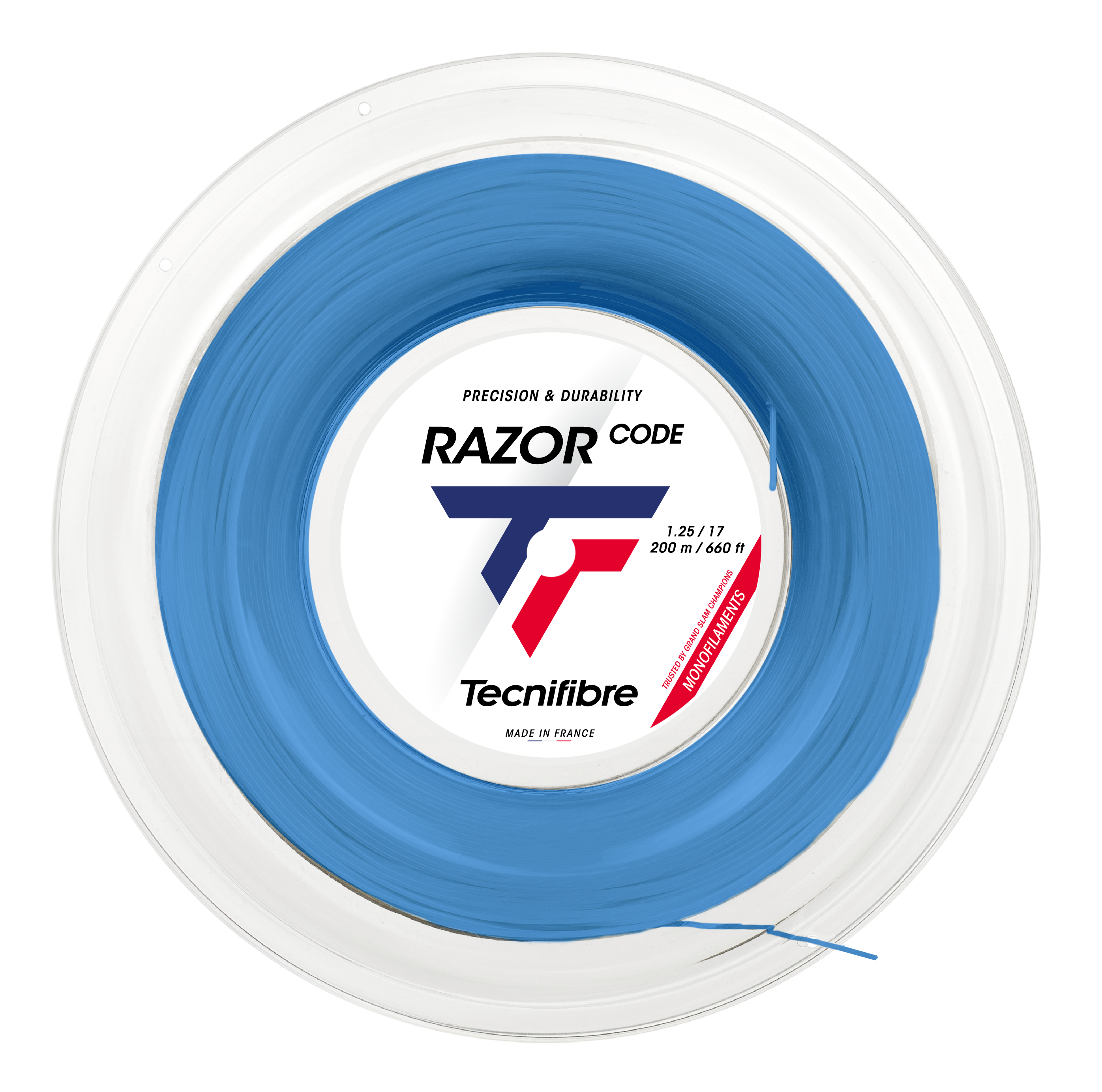 Tecnifibre Razor Code blue polyester tennis string reel, 1.25mm, 200m, with white label.