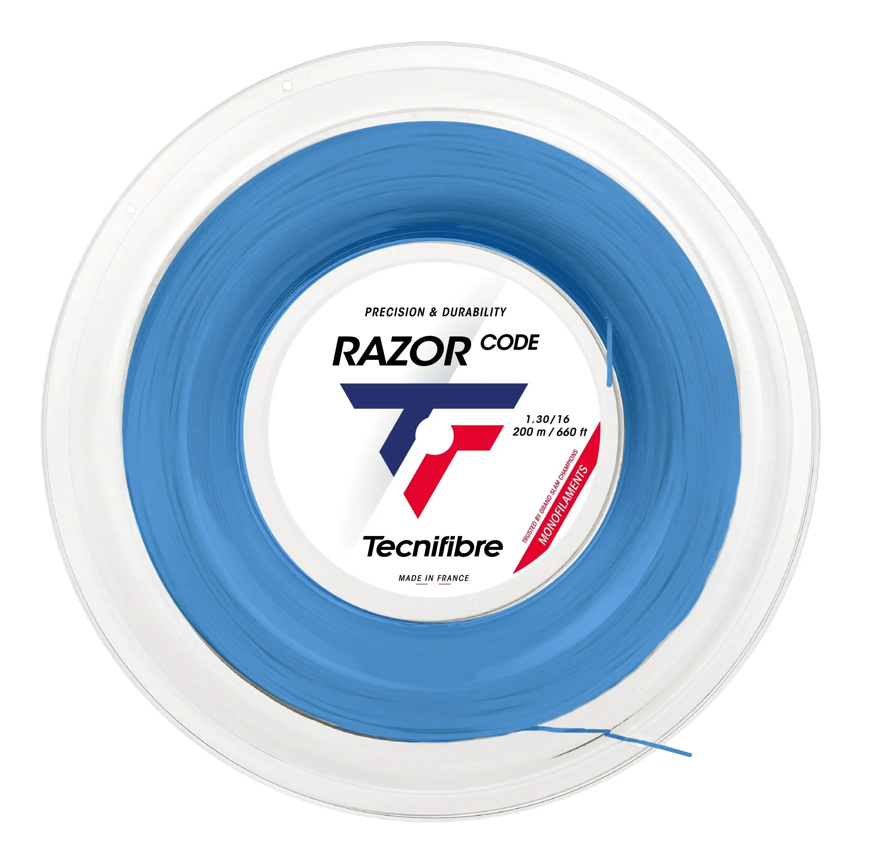 Tecnifibre Razor Code blue 1.30 polyester tennis string reel, 200M, for control and durability.