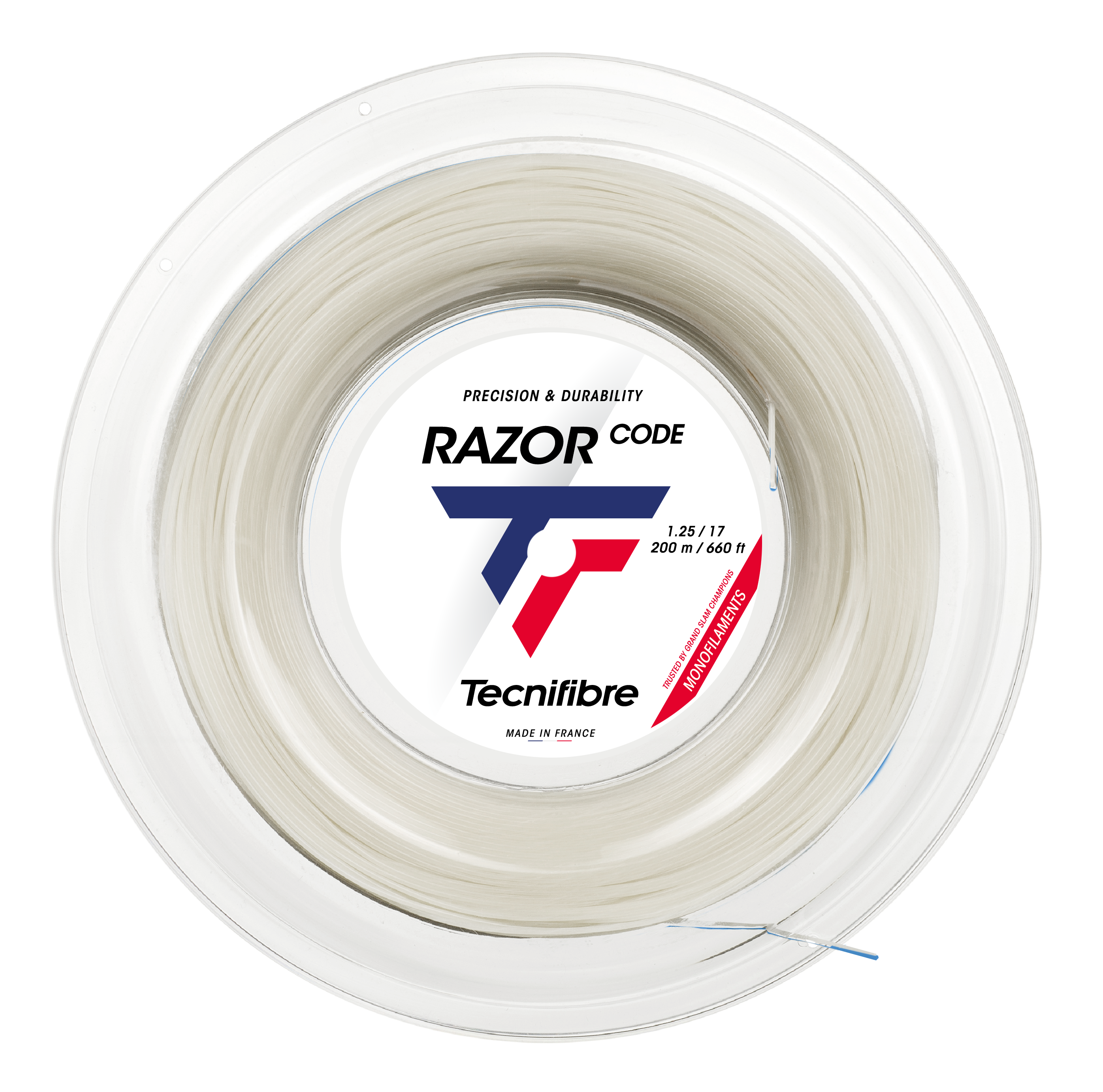 Tecnifibre Razor Code white polyester tennis string reel, 1.25mm, 200m, with logo and product details.