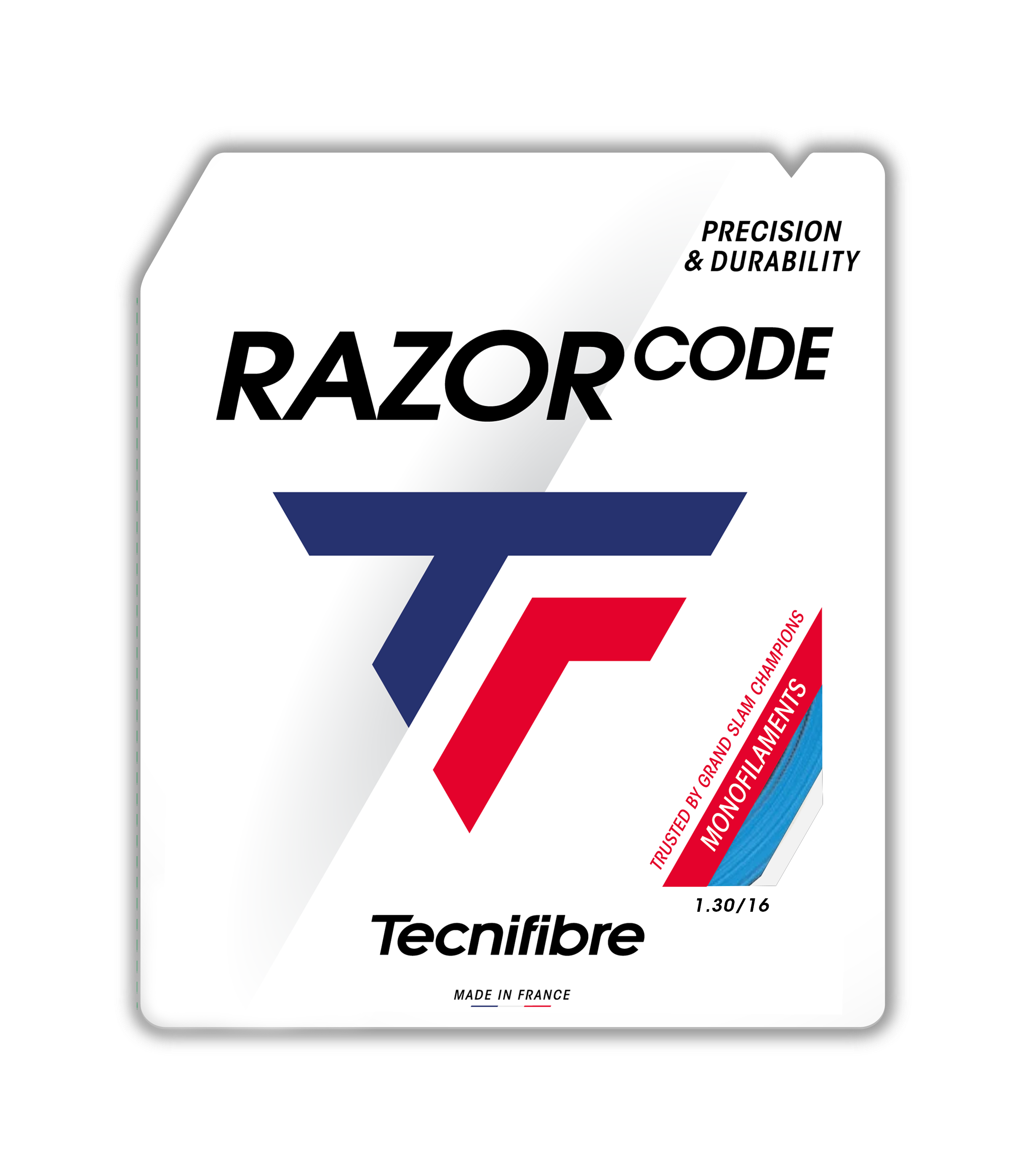 Tecnifibre Razor Code blue polyester tennis string 1.30/16, featuring the brand logo and "Precision & Durability.