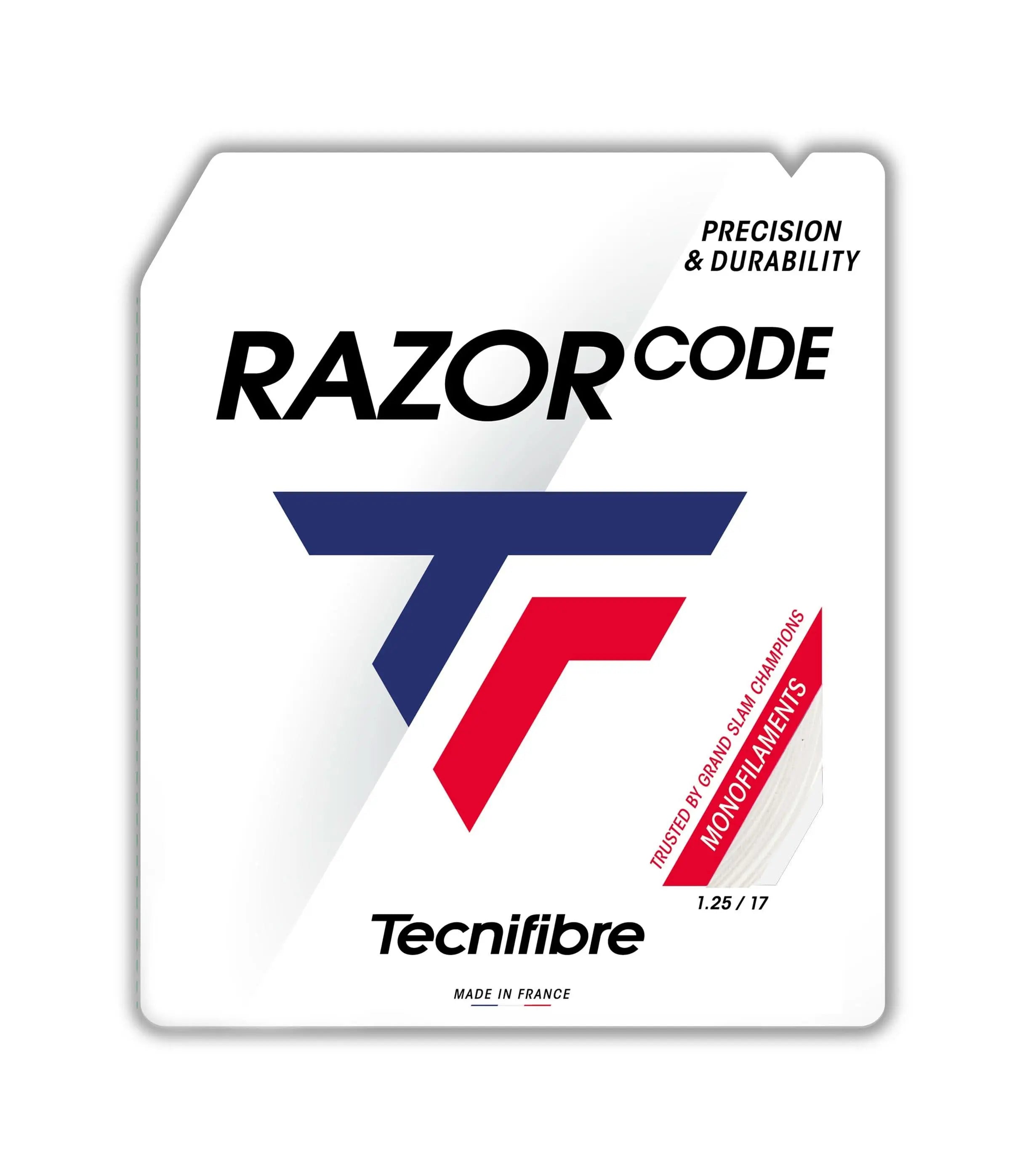 White Tecnifibre Razor Code 1.25 polyester tennis string packaging with blue and red logo.