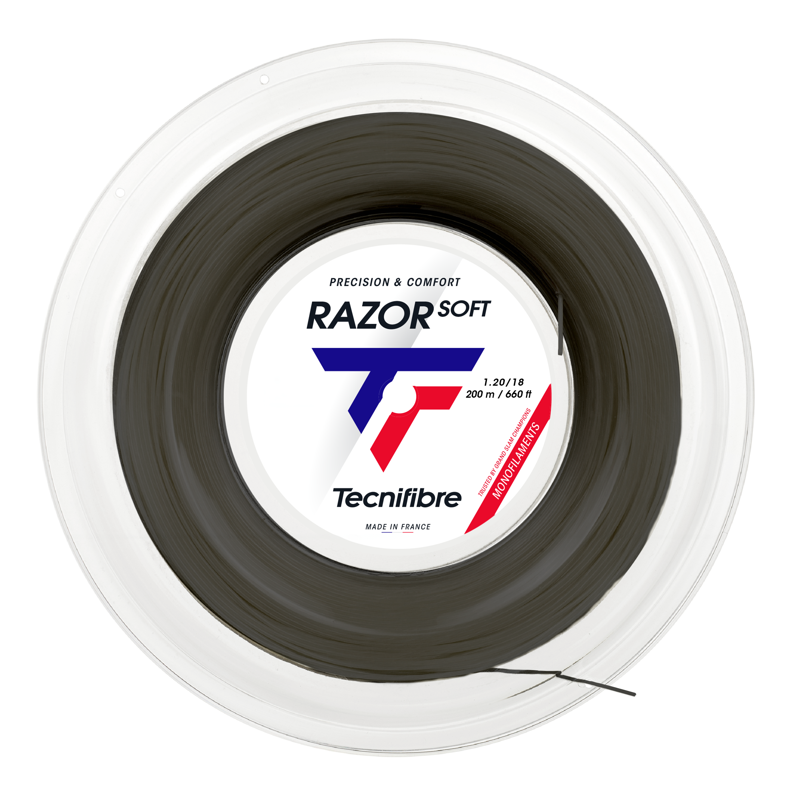 Tecnifibre Razor Soft 200M carbon polyester tennis string reel, 1.20mm, with white label.