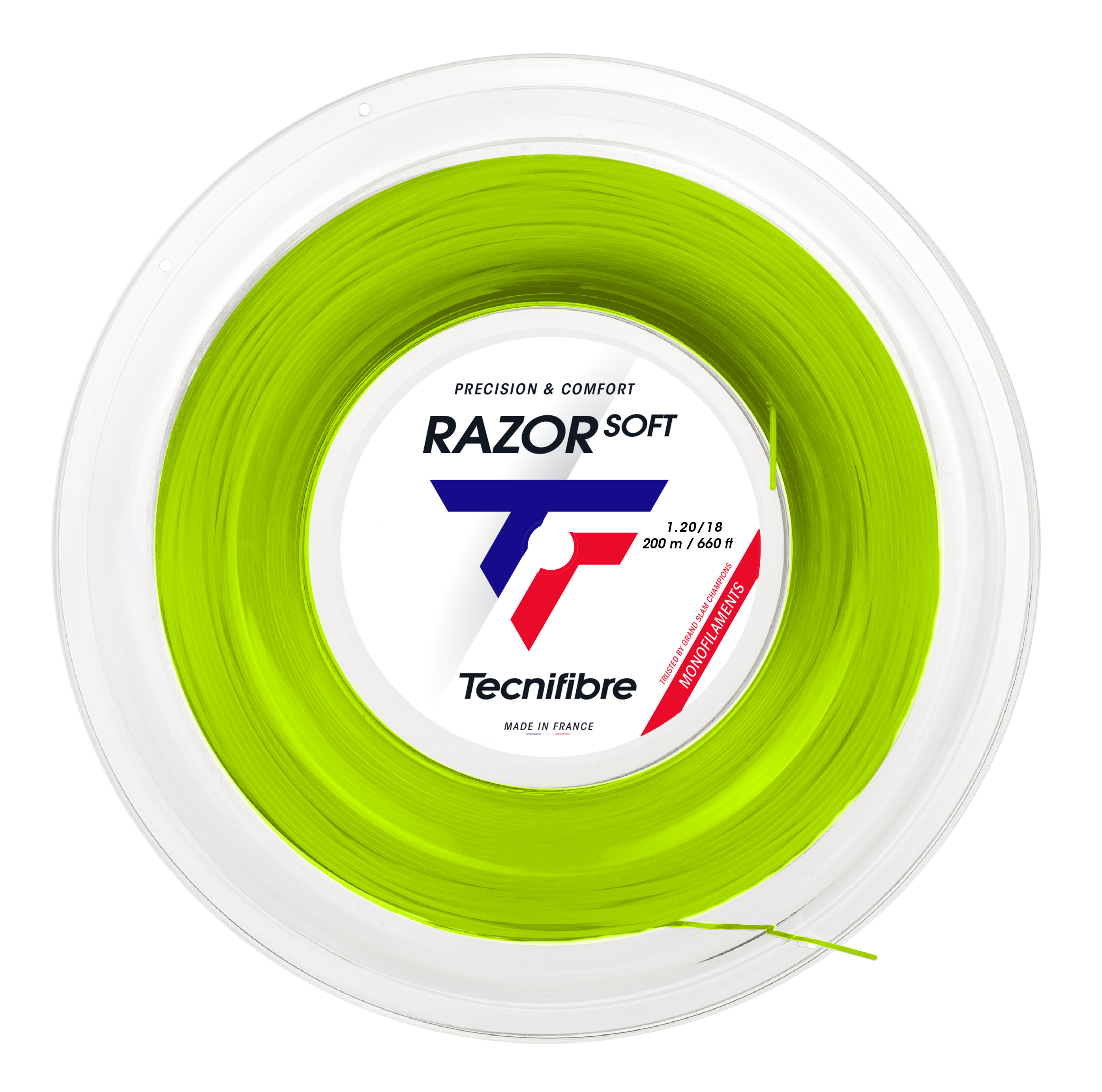 Tecnifibre Razor Soft 200M tennis string reel in vibrant lime green, 1.20 polyester monofilament.