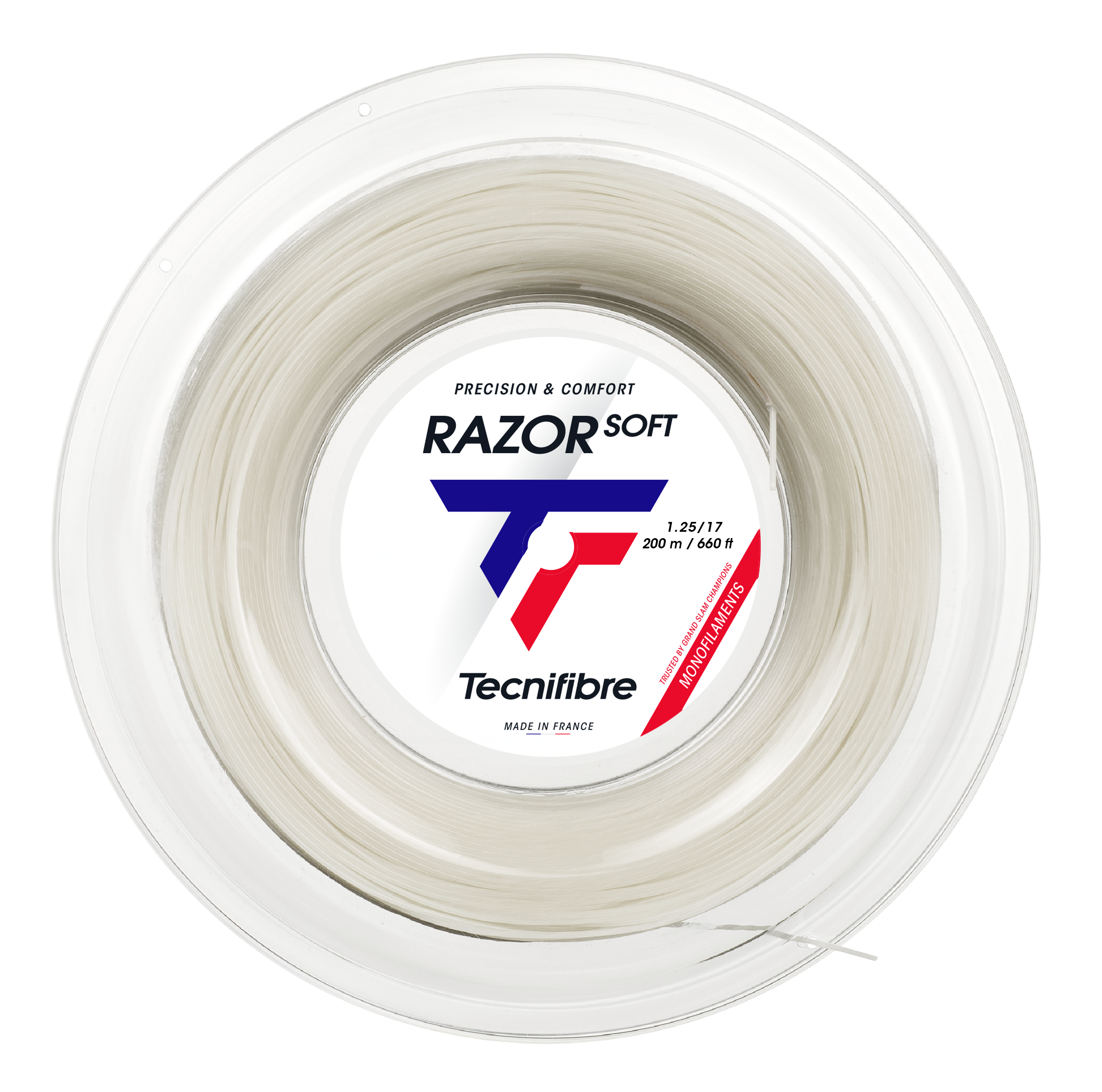 Tecnifibre Razor Soft 1.25mm white polyester tennis string reel, 200m, for precision and comfort.