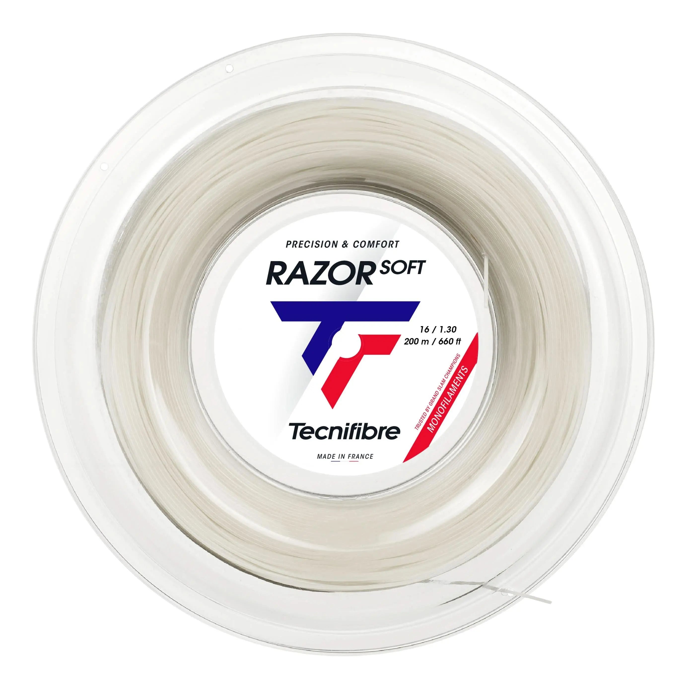 White Tecnifibre Razor Soft 1.30 polyester tennis string reel, 200M, for precision and comfort.