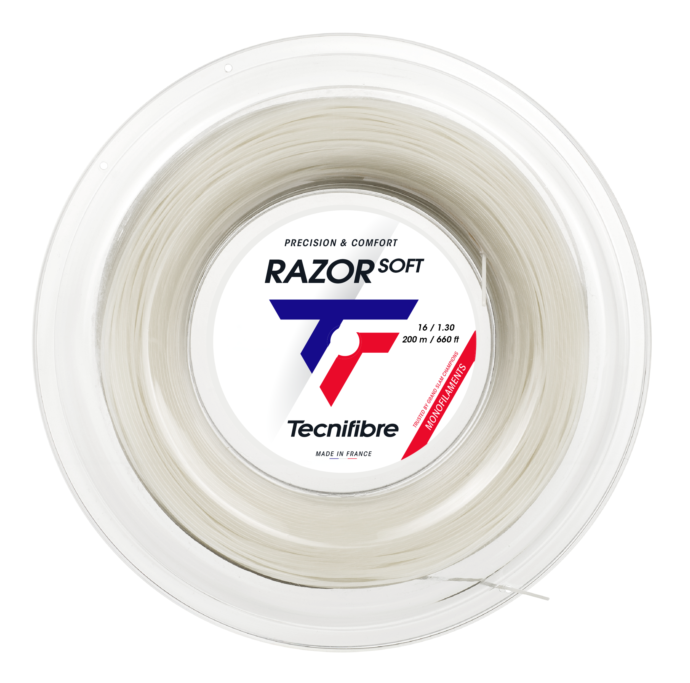 White Tecnifibre Razor Soft 1.30 polyester tennis string reel, 200M, for precision and comfort.