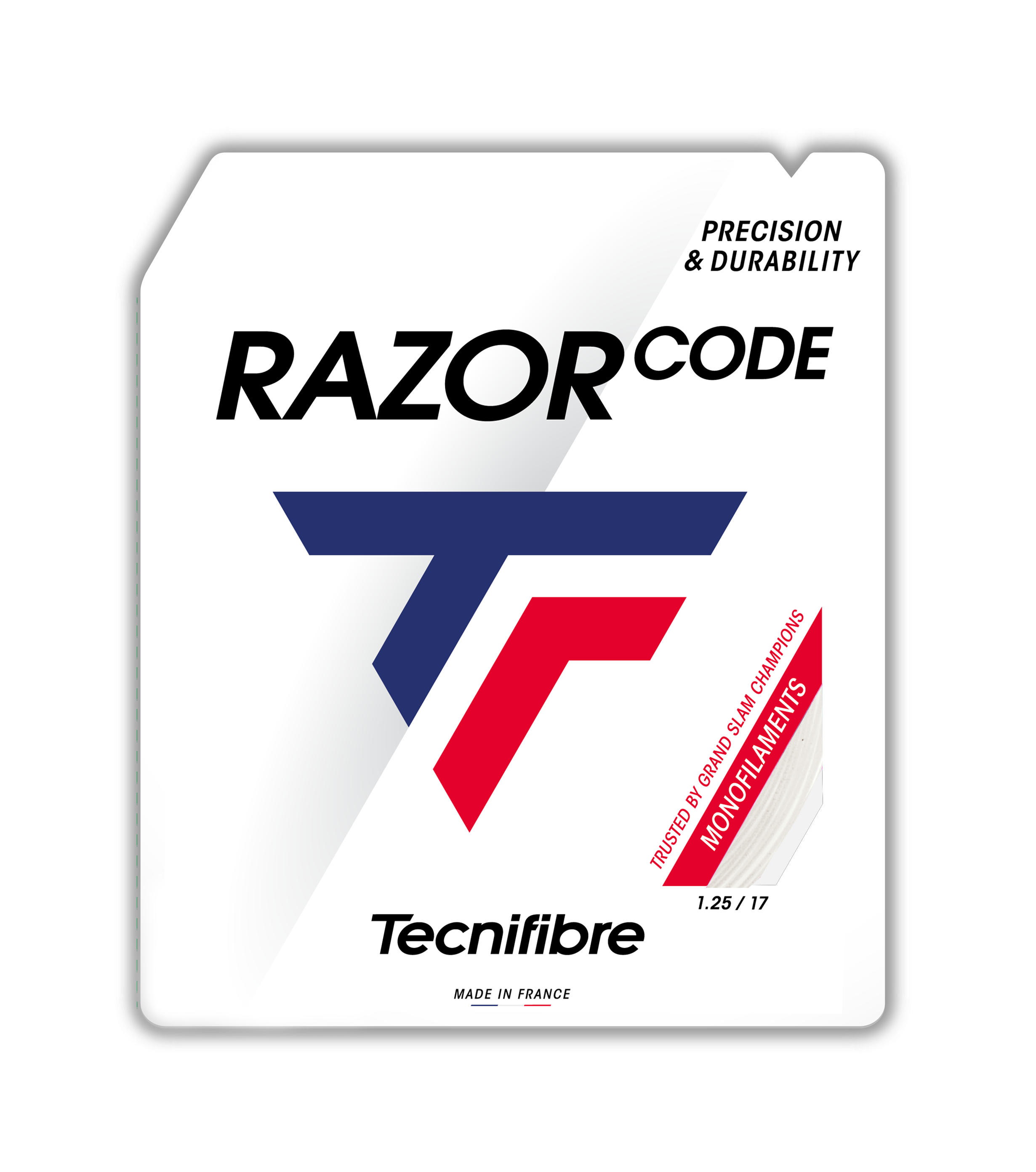 Tecnifibre Razor Code tennis string packaging, white with black text, blue and red logo, and "Monofilaments" tag.