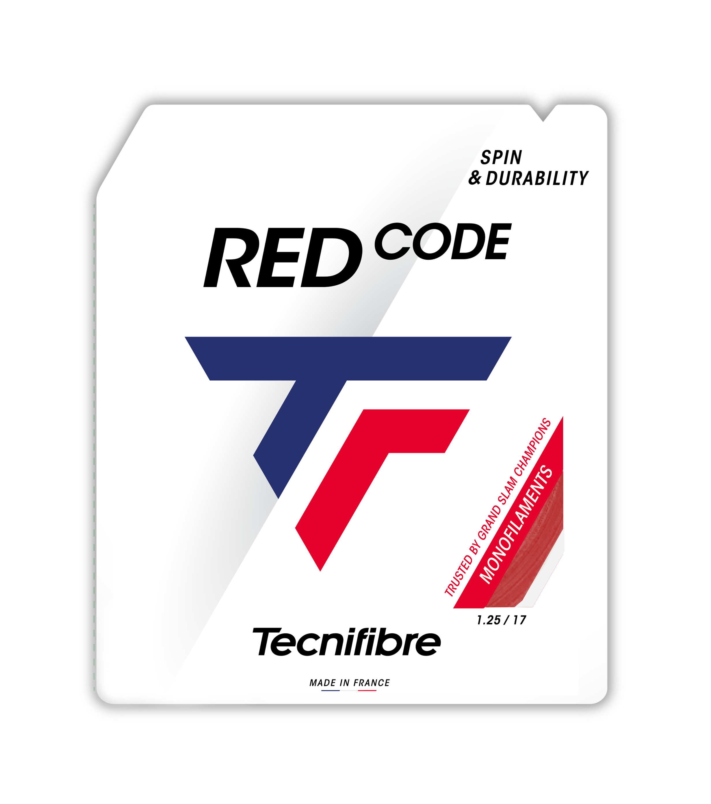 Tecnifibre Redcode 1.25 polyester tennis string packet, featuring a red and blue logo, "Spin & Durability" text, and a sample of red monofilament string.