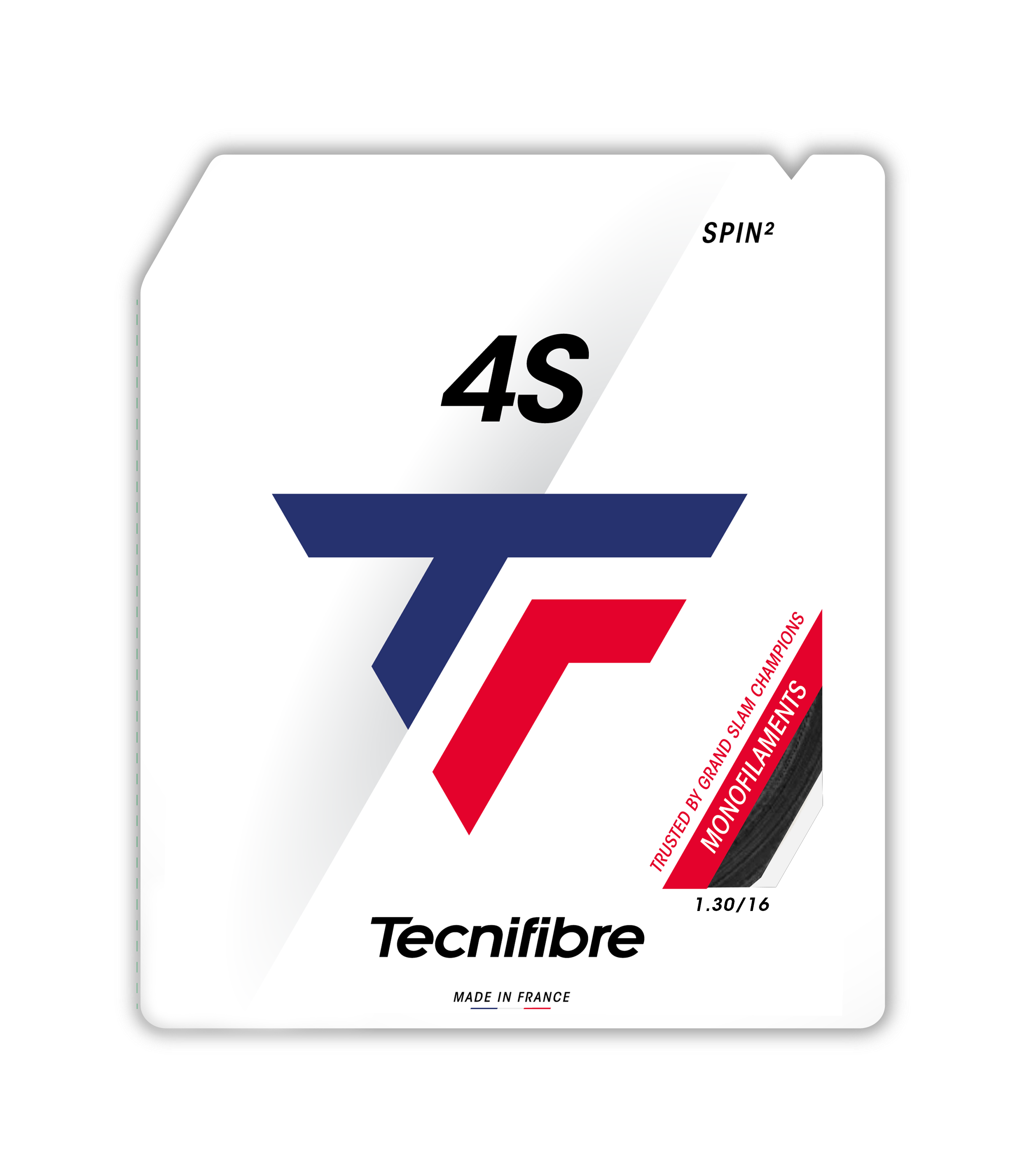 Tecnifibre 4S black polyester tennis string, 1.30/16 gauge, with red and blue logo and "SPIN²" text.