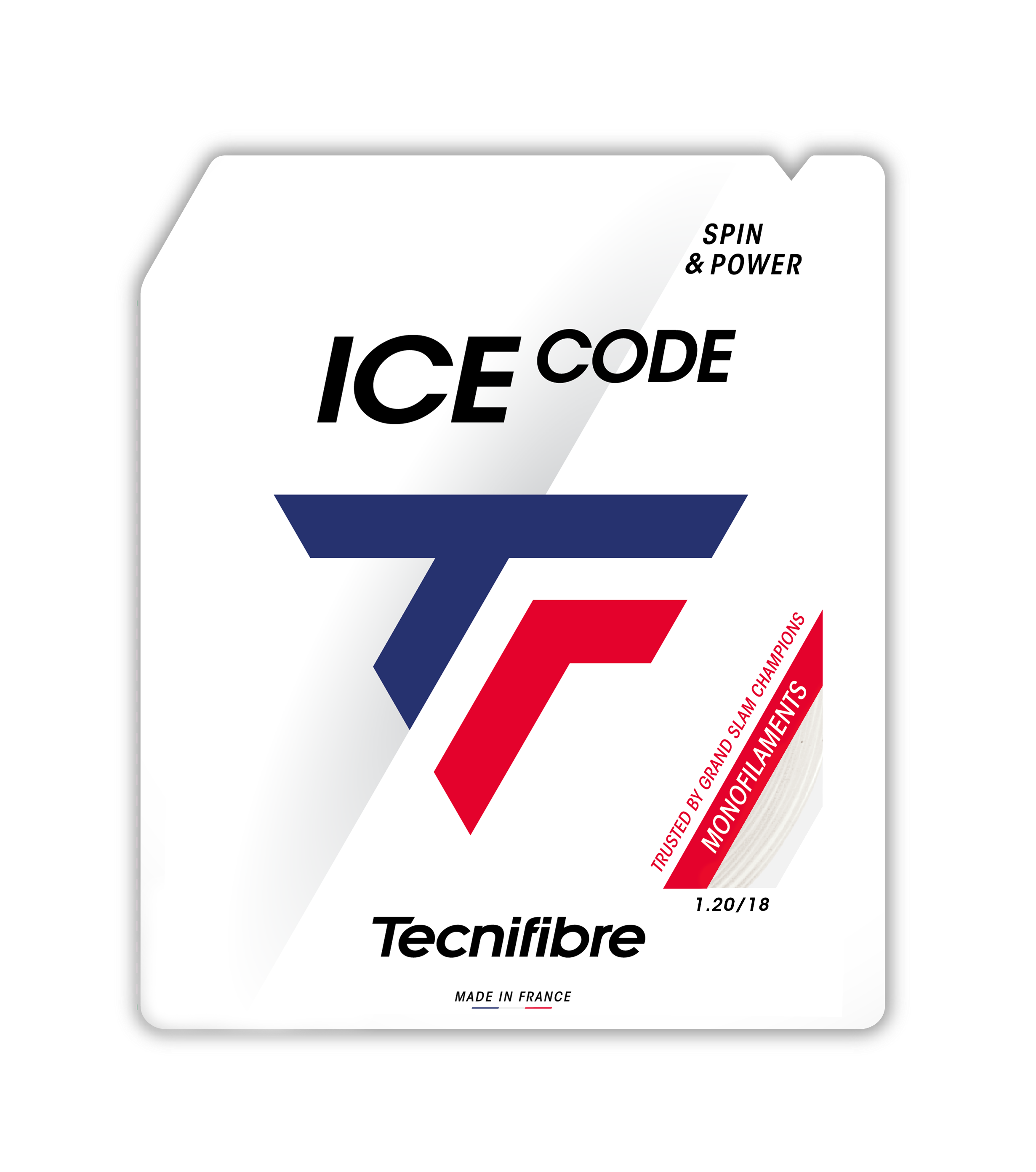 Tecnifibre Tennis String Triax Ice Code white 1.2 polyester packaging with blue and red logo.
