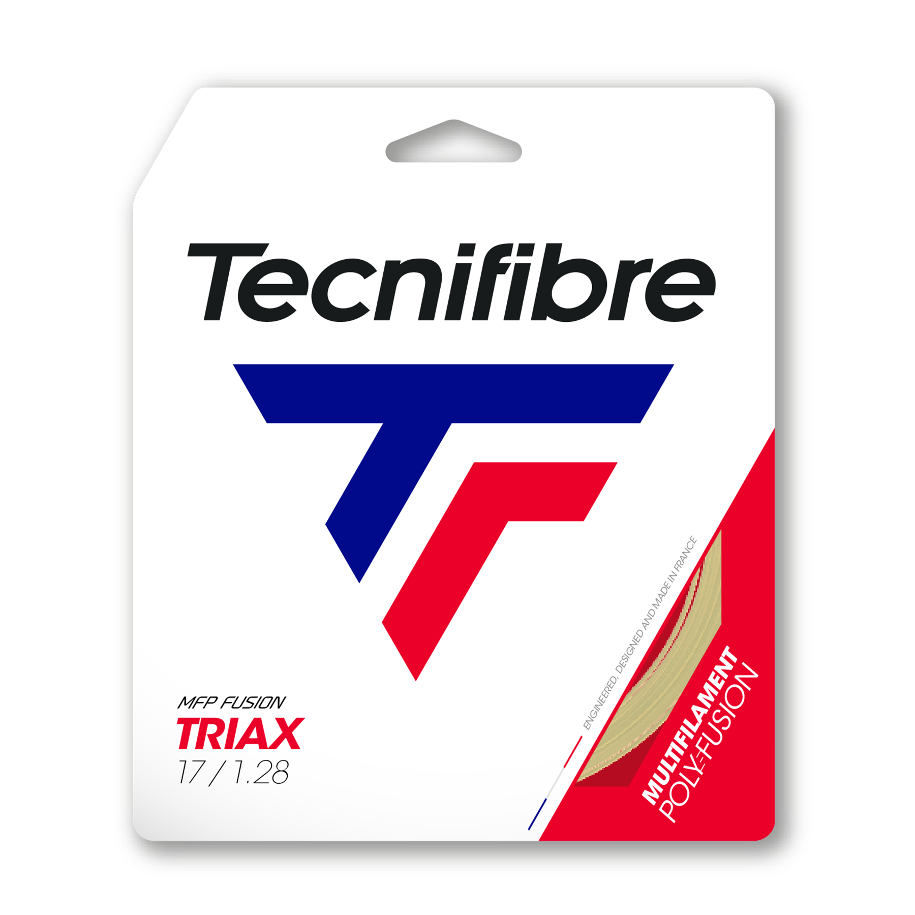 Tecnifibre Triax 1.28 natural multifilament polyfusion tennis string packaging with red and blue logo.